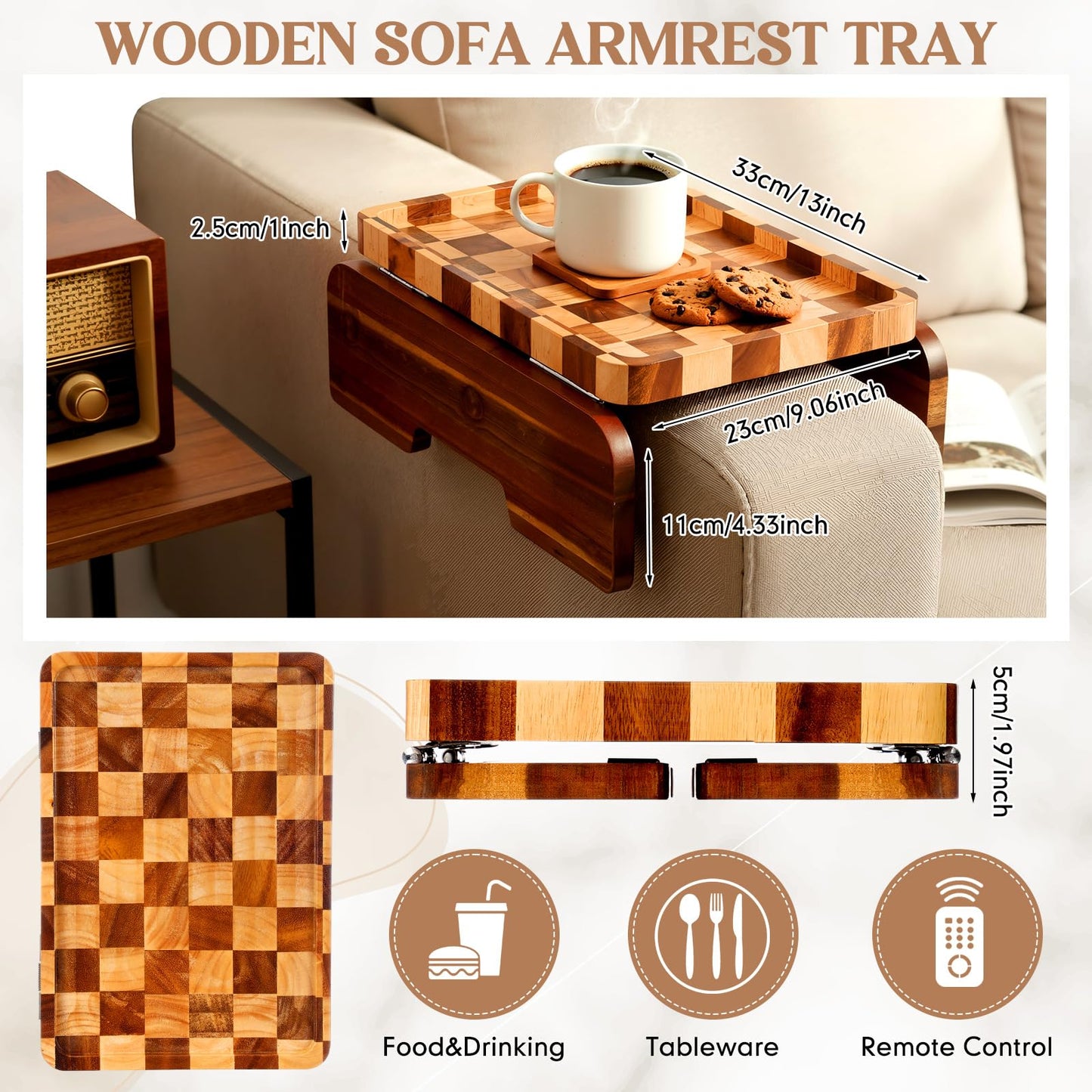 Kathfly Acacia Wood Checkered Sofa Armrest Tray, 13.75" x 9.5" Double Hinge Couch Arm Table, Clip on Sofa Arm Tray, Wooden Side Table for Food Snack Remotes Living Room Decor Mother's Day