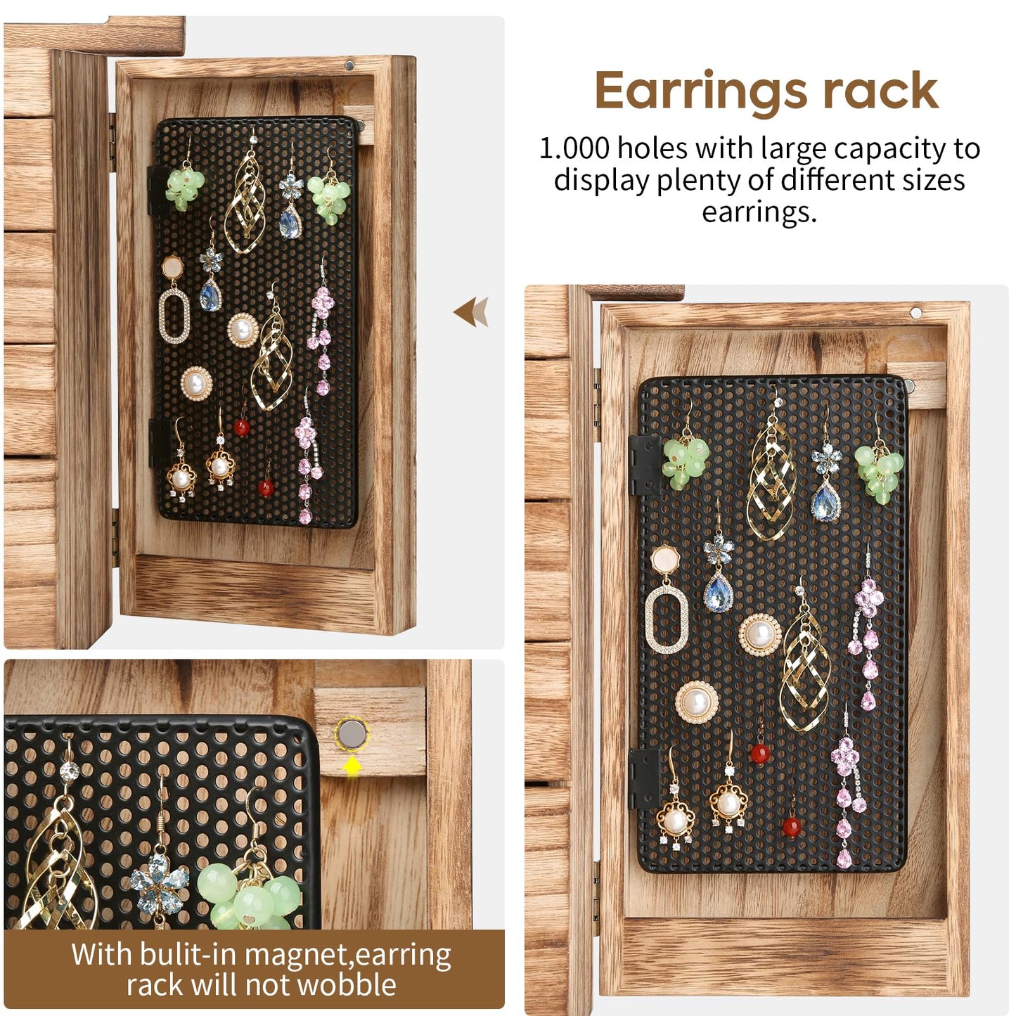 Meangood Jewelry Box Jewelry Organizer, 5-Layer Wooden Jewelry Organizers and Storage Boxes for Women Girls, Ring Earring Bracelet Necklace Holder Organizer with Mirror & Drawers (Carbonized Black)