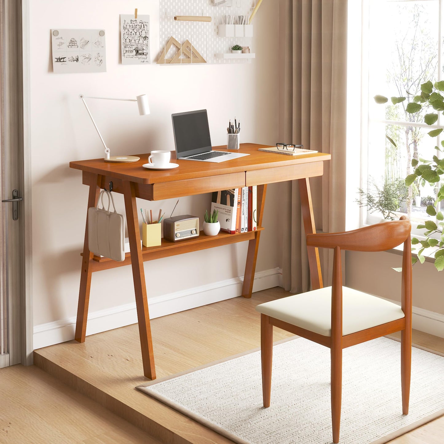 ENPKLUTE Solid Wood Desk with Drawers - 39.4 Inch Mid Century Modern Desks with Storage Shelf, Small Writing Desk for Small Spaces, Home Office Desks for Bedroom & Home, Walnut Color