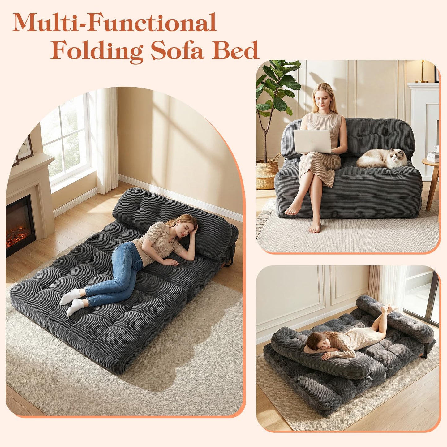 Vellorise Folding Sofa Bed, Convertible Sleeper Chair with Back Support and Pillow Futon, Boneless Matress, for Living Room/Guest Use/Home Office, Foldable Chair Bed for Adults, Dark Gray, Full