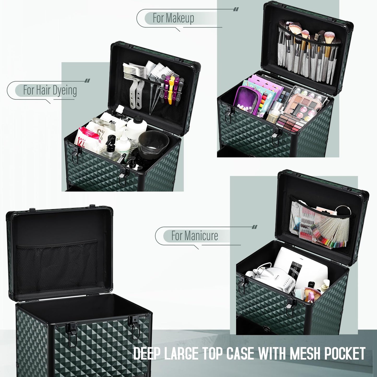 Yueieoun Nail Trolley Cart with 3 Drawers, Salon Station Cosmetology Case on Wheels Rolling Makeup Train Case Nail Case Organizer Beauty Salon Travel Case for Nailart,SPA,Hairstylist,Artist,Dark Green