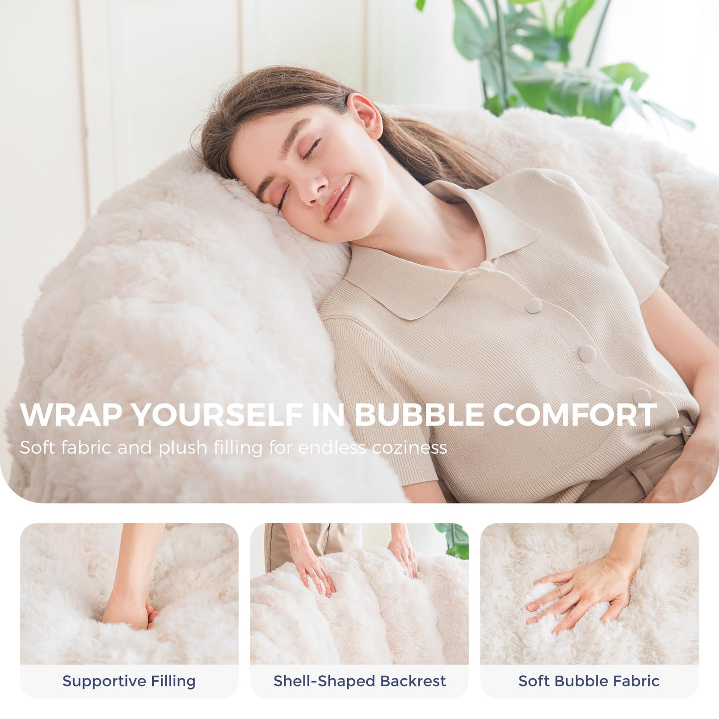 MAXYOYO Giant Bean Bag Chair for Adults, Stuffed Shell-Shaped Large Bean Bag Couch, Cozy Living Room Chair with Filler, Floor Sofa Lazy Sofa for Bedroom Living Room, Beige
