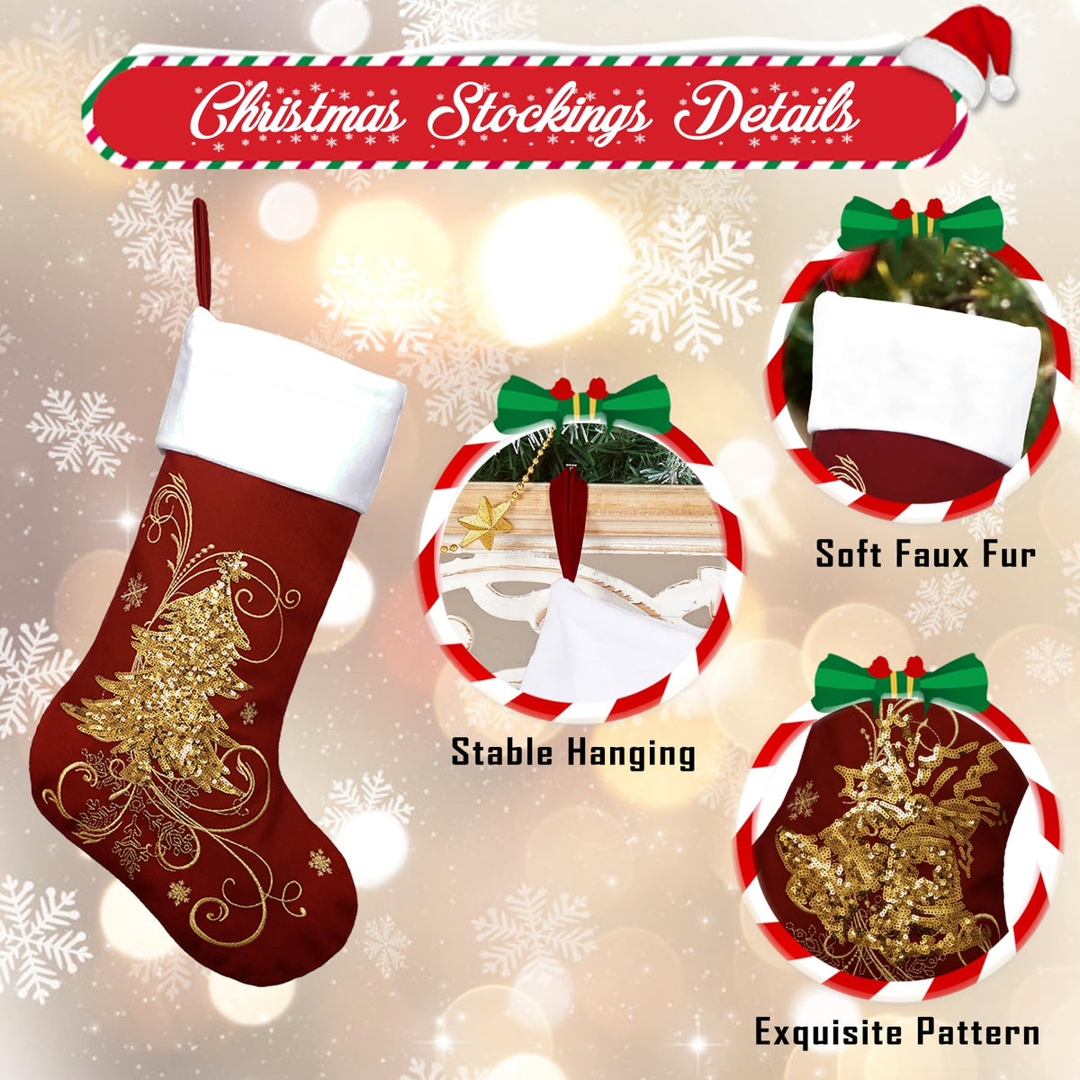 Roycraft Christmas Stockings Set of 6 Velvet Gold 19 inches Red Sequins Christmas Stockings Fireplace Hanging Ornament for Family Decorations Holiday