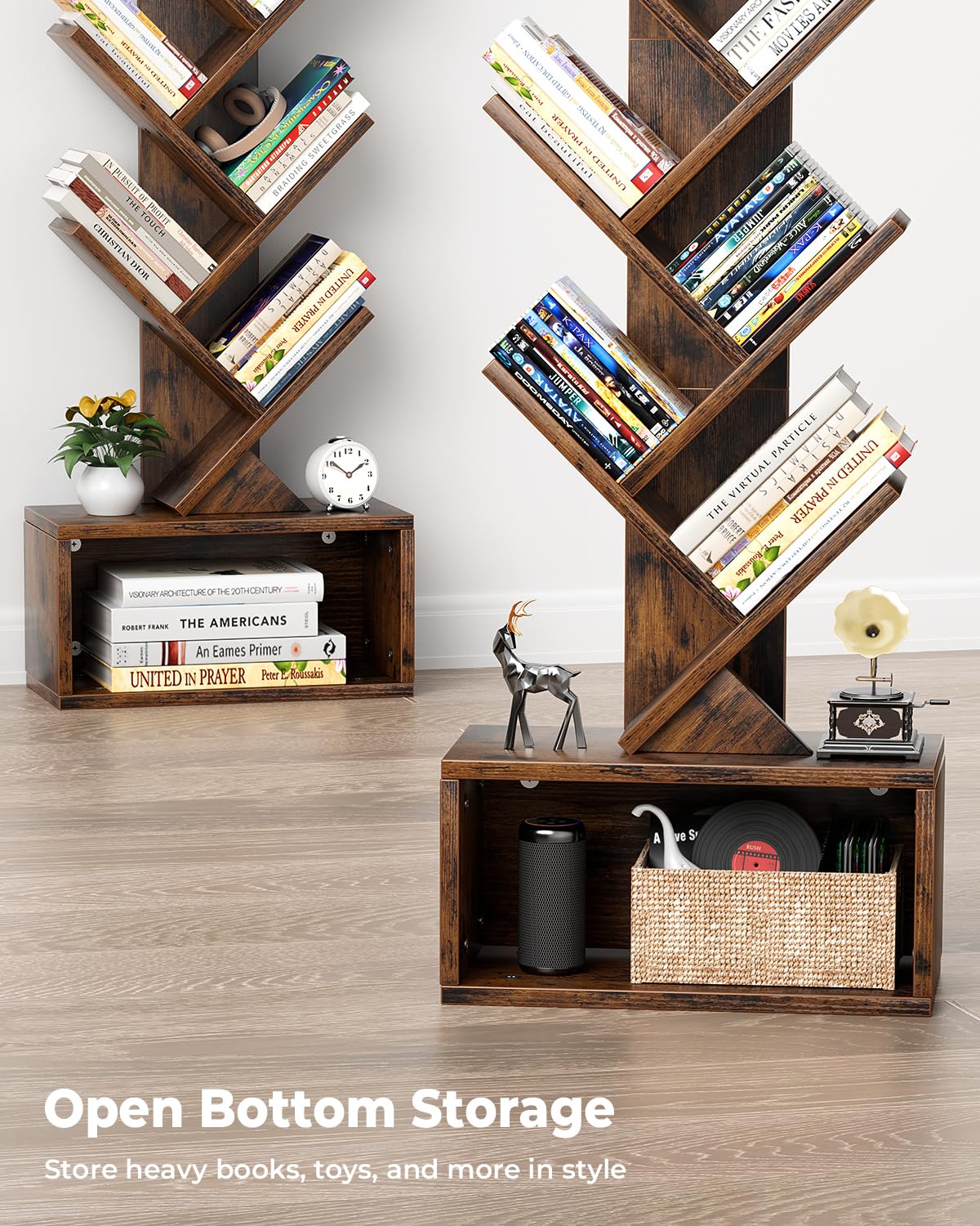 Evermagin Tree Bookshelf with Light, 6 Tier Small Bookcase, Narrow Floor Standing Book Tower Organizer with Storage Cabinet for Living Room, Bedroom and Home Office, Rustic Brown