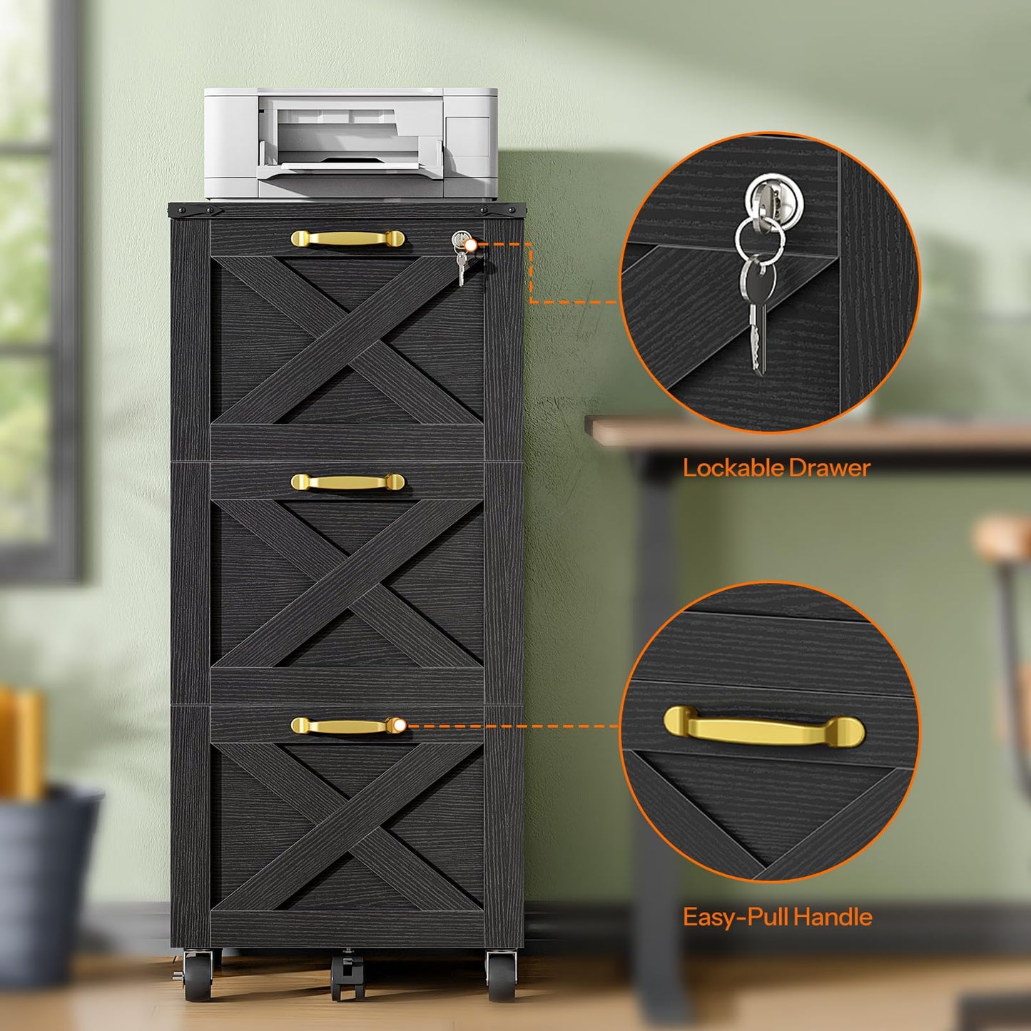 HOOBRO 3 Drawer File Cabinet with Lock, Mobile Filing Cabinet for Home Office, Wooden Farmhouse Office Storage Cabinet, Printer Stand Fits Letter and A4 Size, Black BK93WJ01