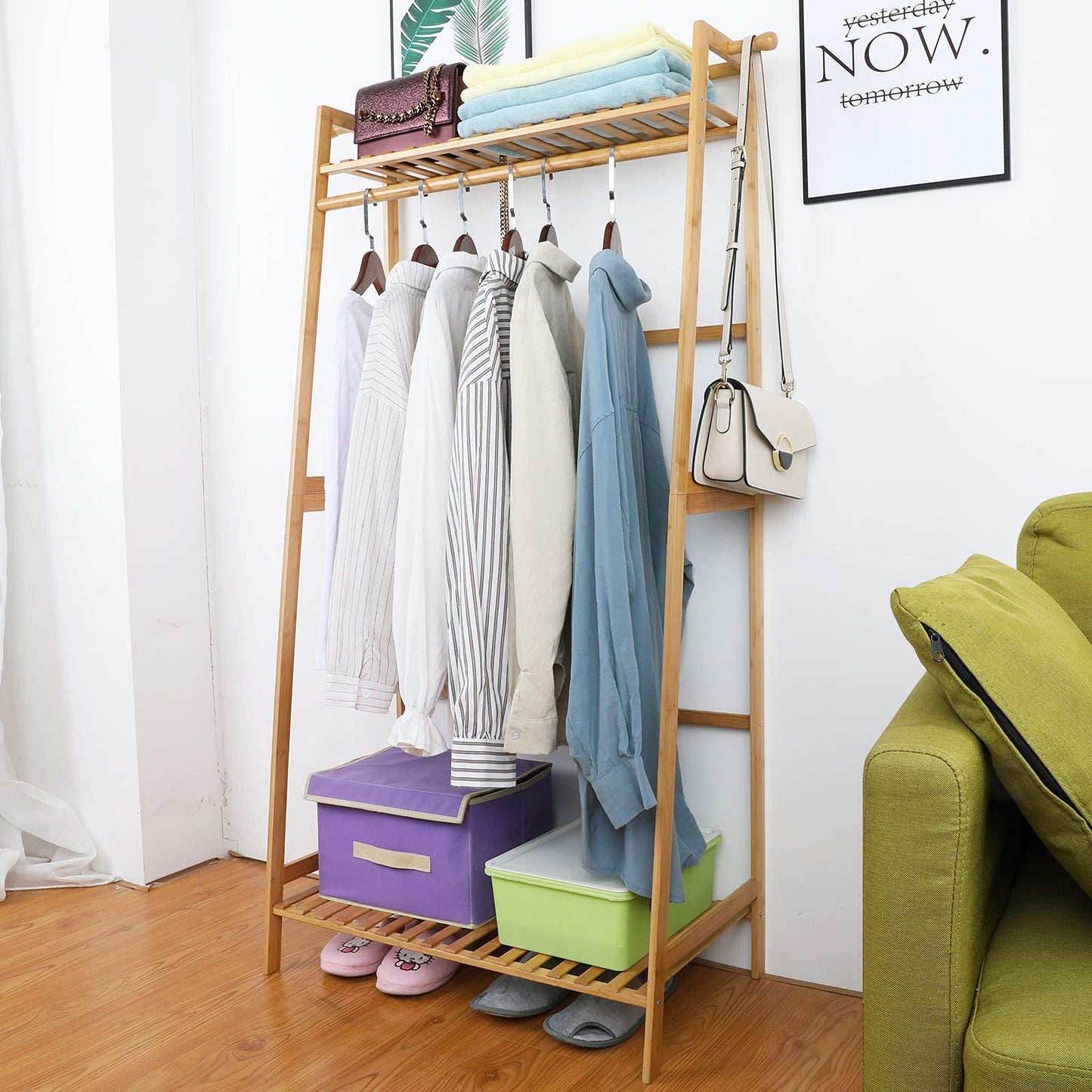 Ufine Bamboo Clothes Hanging Rack with 2 Tier Storage Shelves, 2 Coat Hooks