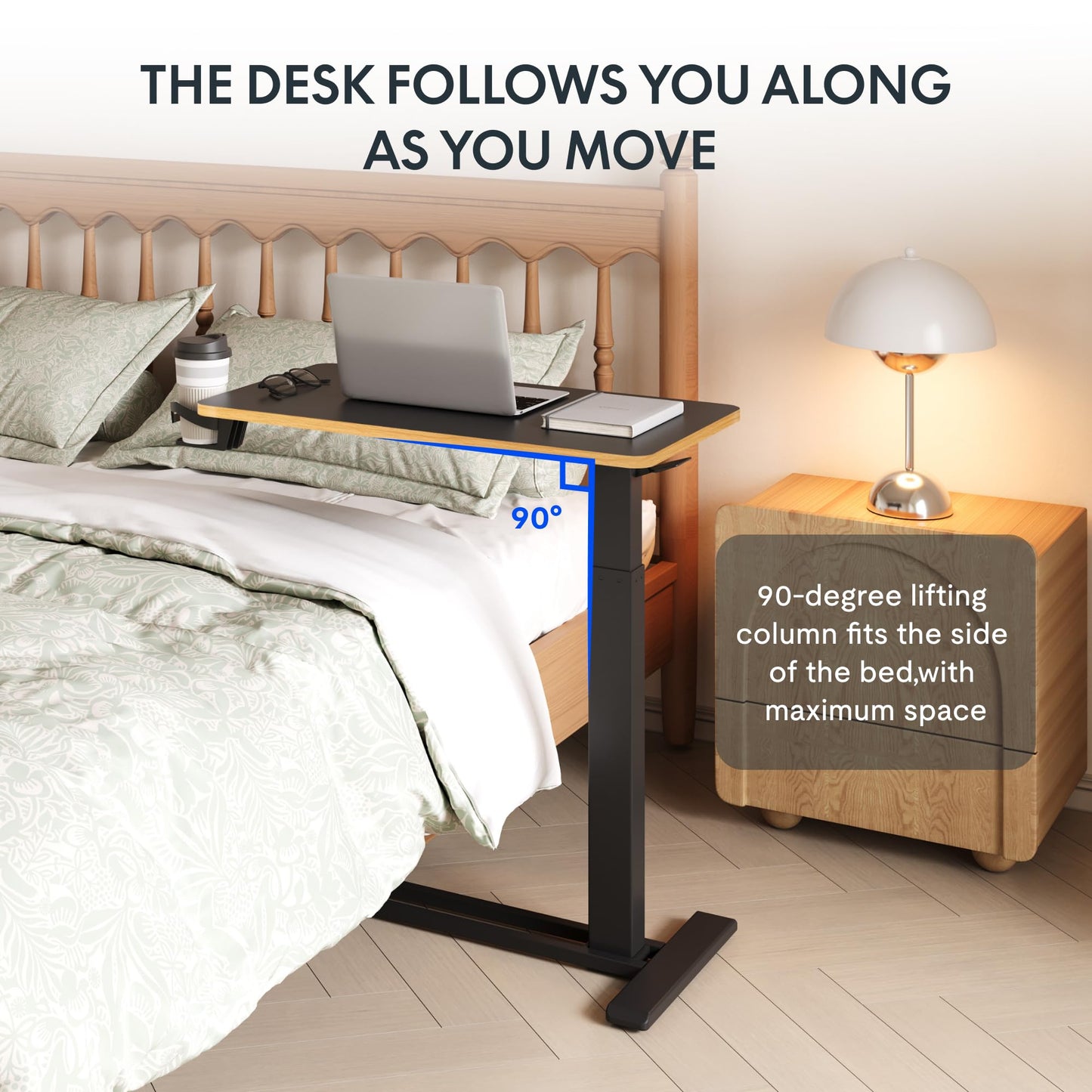 FLEXISPOT H7 Adjustable Overbed Bedside Table with Wheels Pneumatic Mobile Standing Desk Laptop Desk Rolling Computer Cart Movable Overbed Tables Hospital Home Use(27.6" W x 15.7" D, Black Maple)