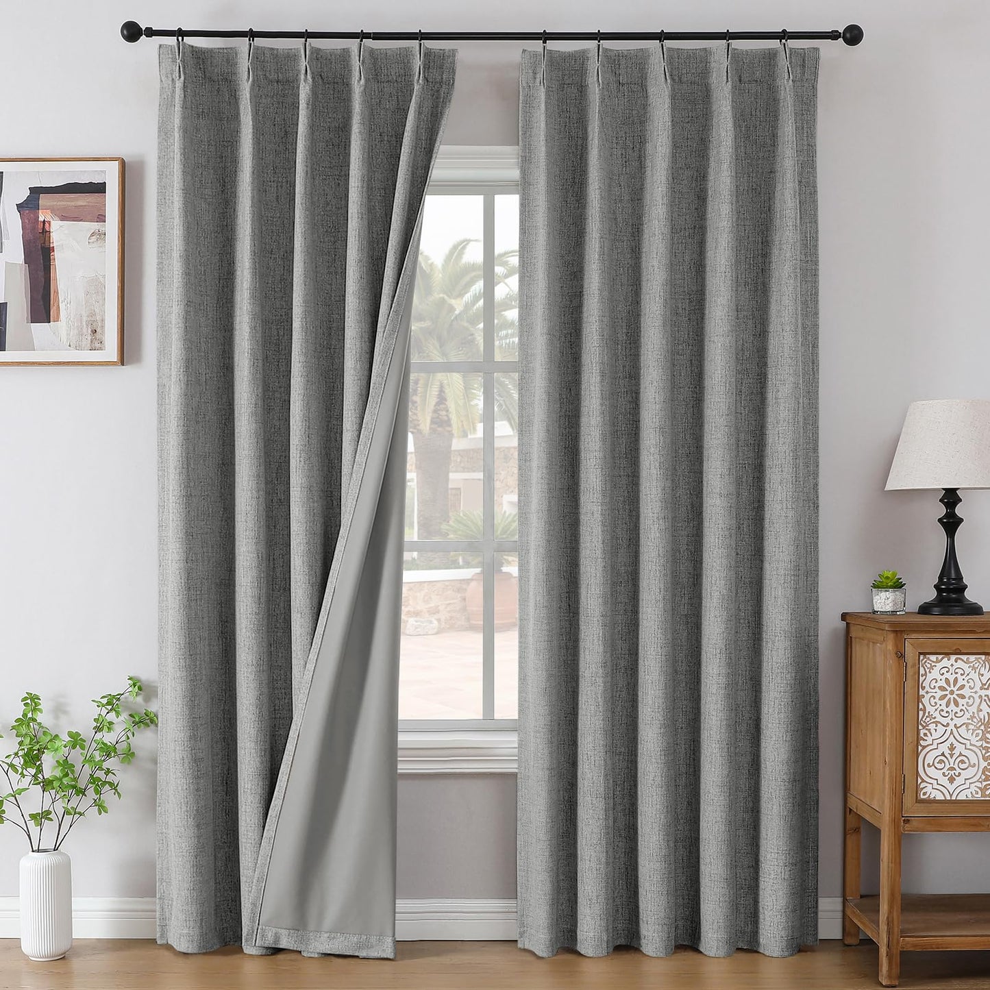 Joydeco Pinch Pleated Curtains - 100% Blackout for Bedroom, Light Grey Linen Curtains 40" W x 90" L, Thermal Insulated 2 Panels Light Blocking Drapes, Back Tabs for Living Room