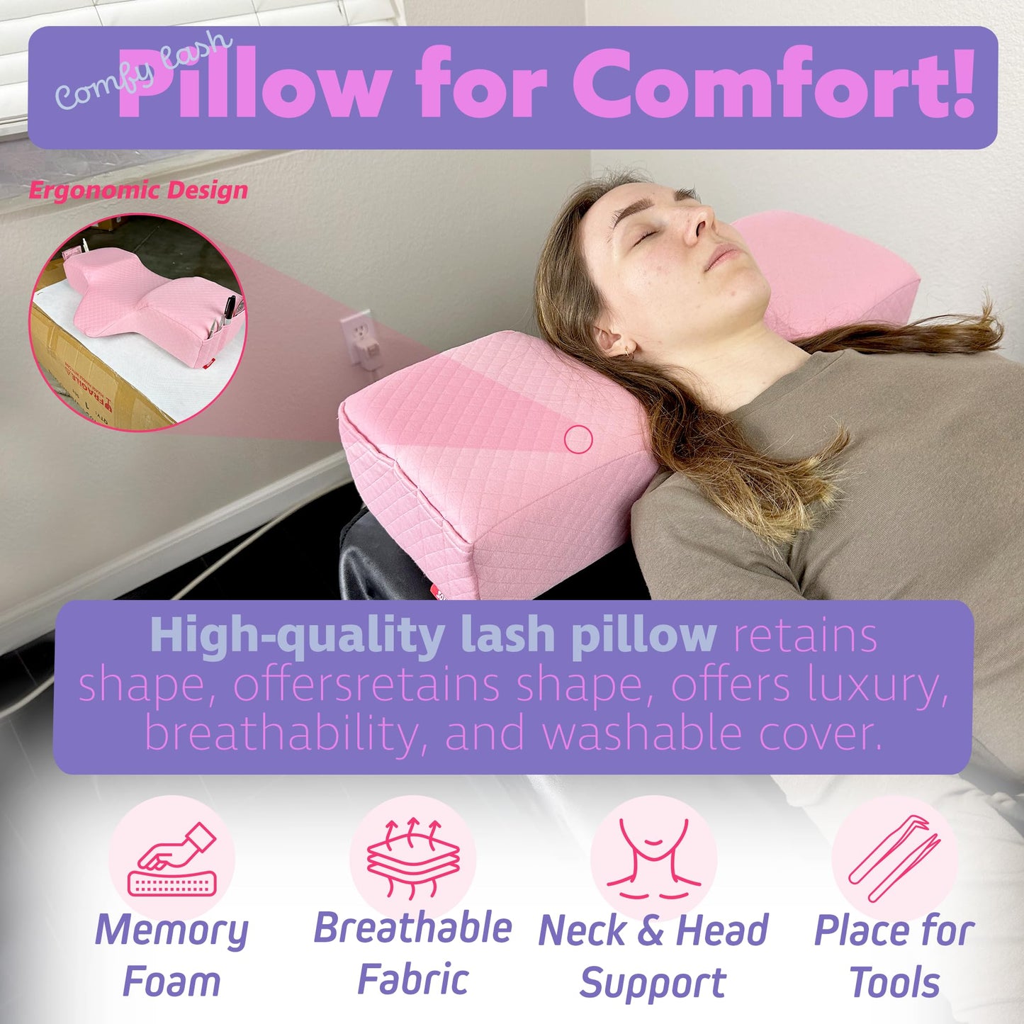 Lash Pillow for Eyelash Extensions - Curved Memory Foam Bed Pillow, Ergonomic Head Rest with Neck Support, Side Pockets for Tools, Fits Lash Beds for Tech – Pink