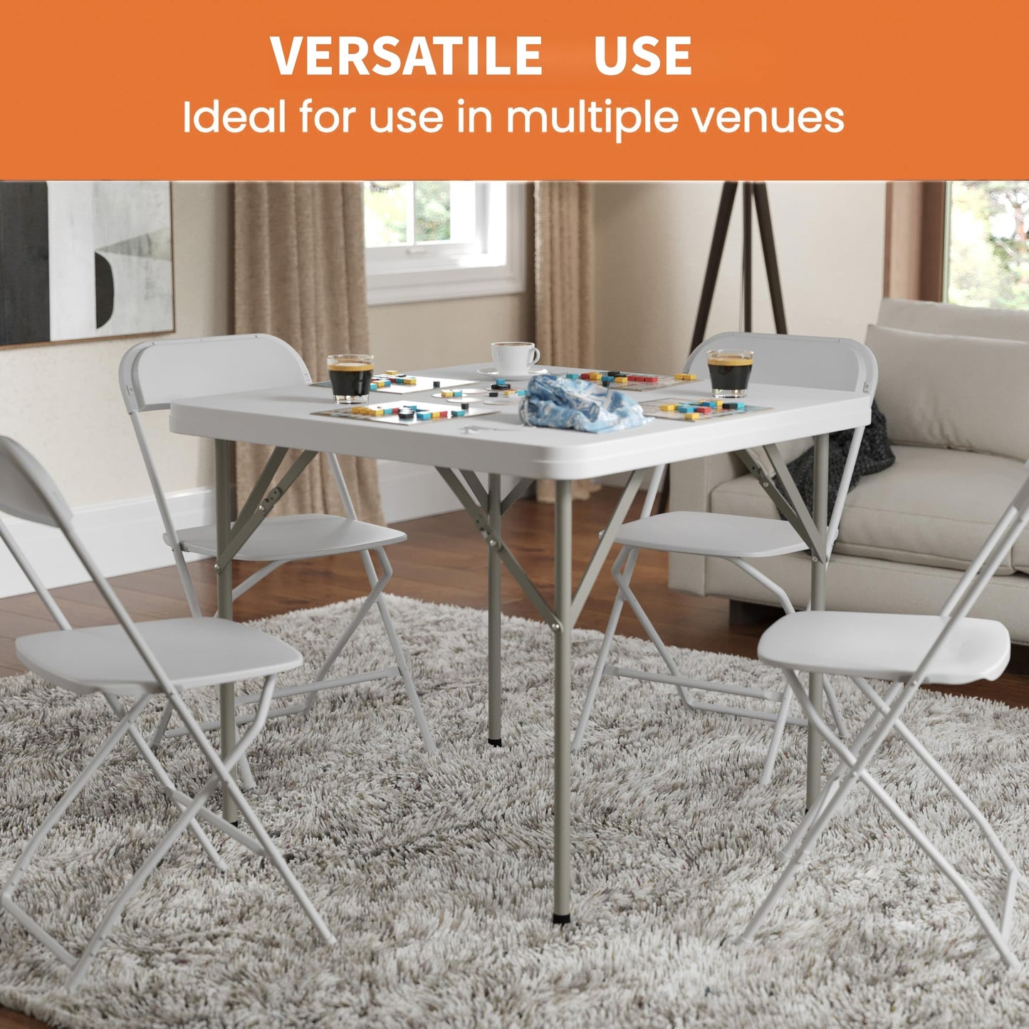 Vampire Killer 34" Square Folding Table Fold-in-Half Utility Dining Portable Table Heavy Duty HDPE with Carrying Handle, Plastic Tables for Camping,Picnic, Office, Party,Card Table (White)