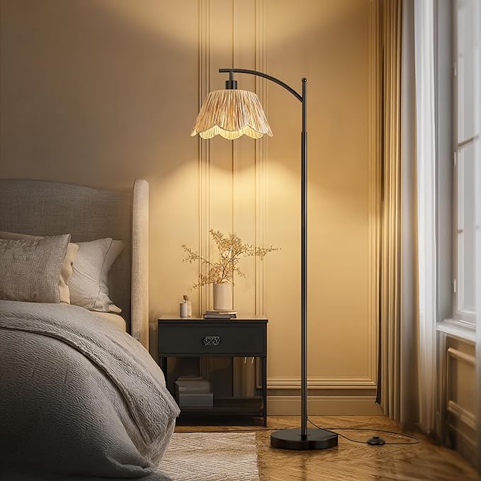 Oneach Arc Floor Lamp for Living Room, Rattan Boho Floor Lamp