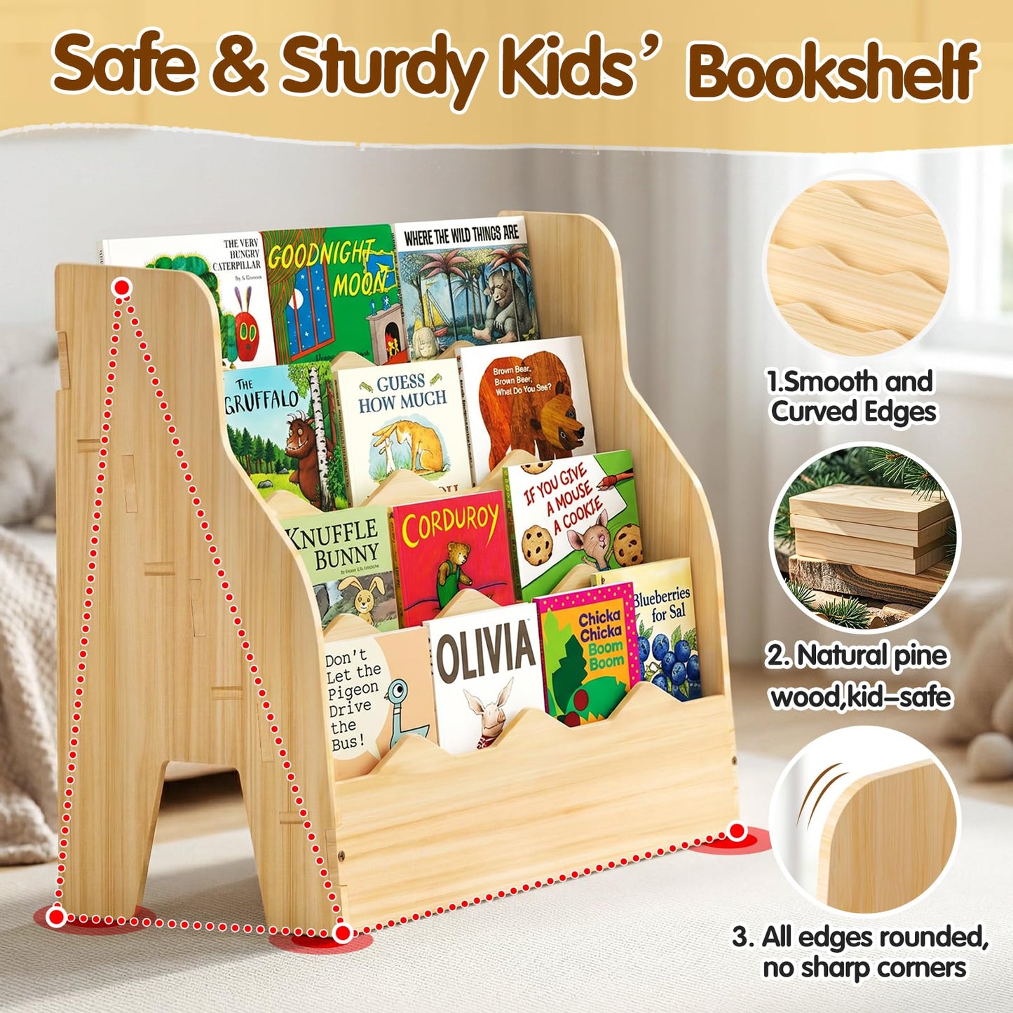 Chuiendi 4 Tier Montessori Kids Bookshelf, Wooden Front Facing Book Shelf for Kids Room, 31.5" W x 23.6" H Toddler Bookcase for Picture Books, Nursery Storage Organizer for Bedroom Playroom Classroom