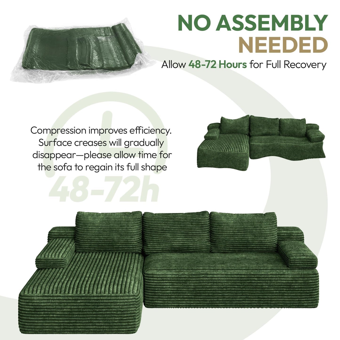 Yaheetech 110" Modular Sectional Sofa Corduroy Boneless Couch with Chaise L-Shape Cloud Couch with Detachable Pillows No Assembly Sofa for Living Room, Green