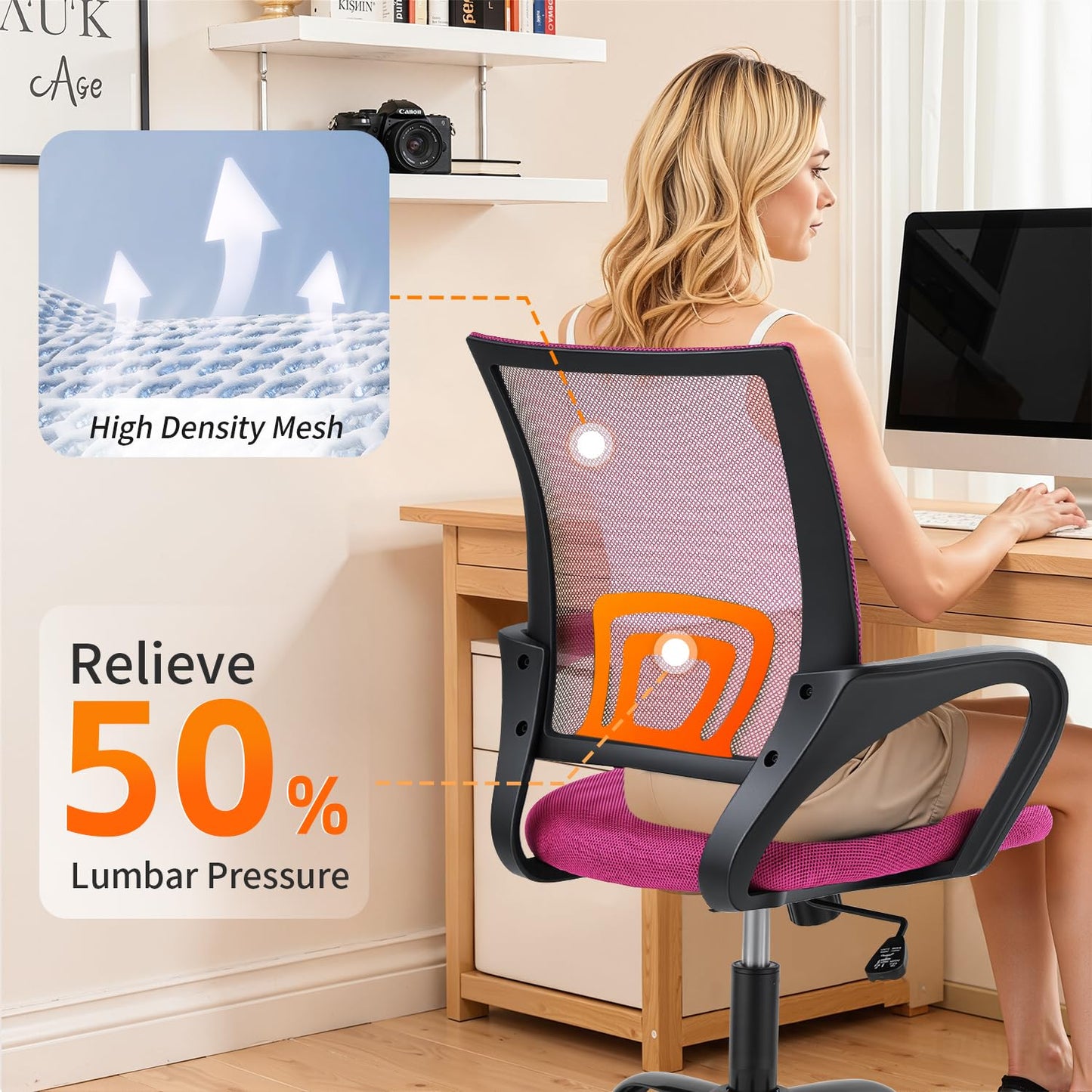 BestOffice Office Chair Ergonomic Cheap Desk Chair Mesh Computer Chair Lumbar Support Modern Executive Adjustable Stool Rolling Swivel Chair for Back Pain (Pink)