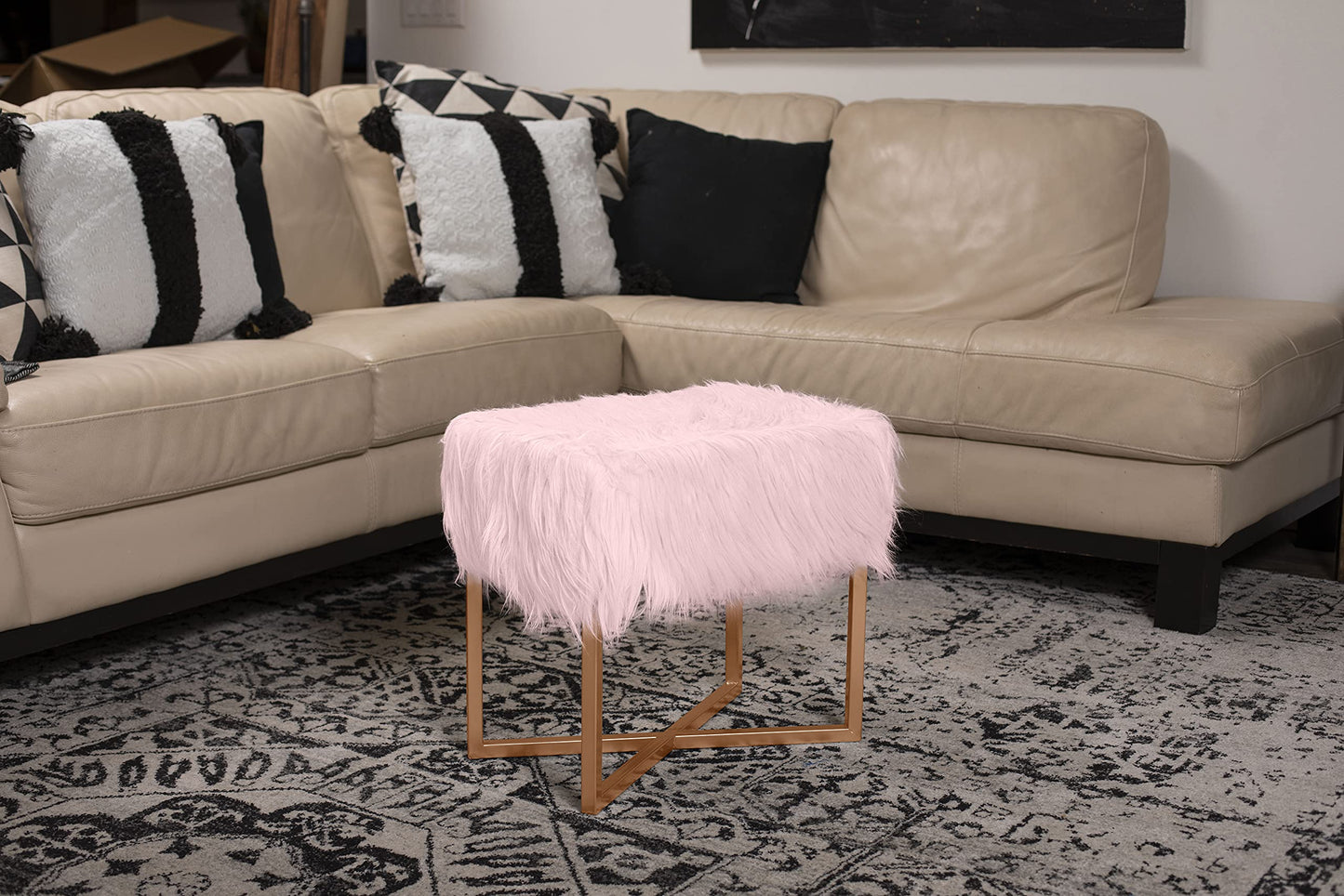 BIRDROCK HOME Rectangular Faux Fur Vanity Foot Stool Ottoman with Metal Legs - Small Soft Padded and Fluffy Makeup Seat or Foot Rest for Bedroom, Desk, or Dressing Table (Pink and Pale Gold)