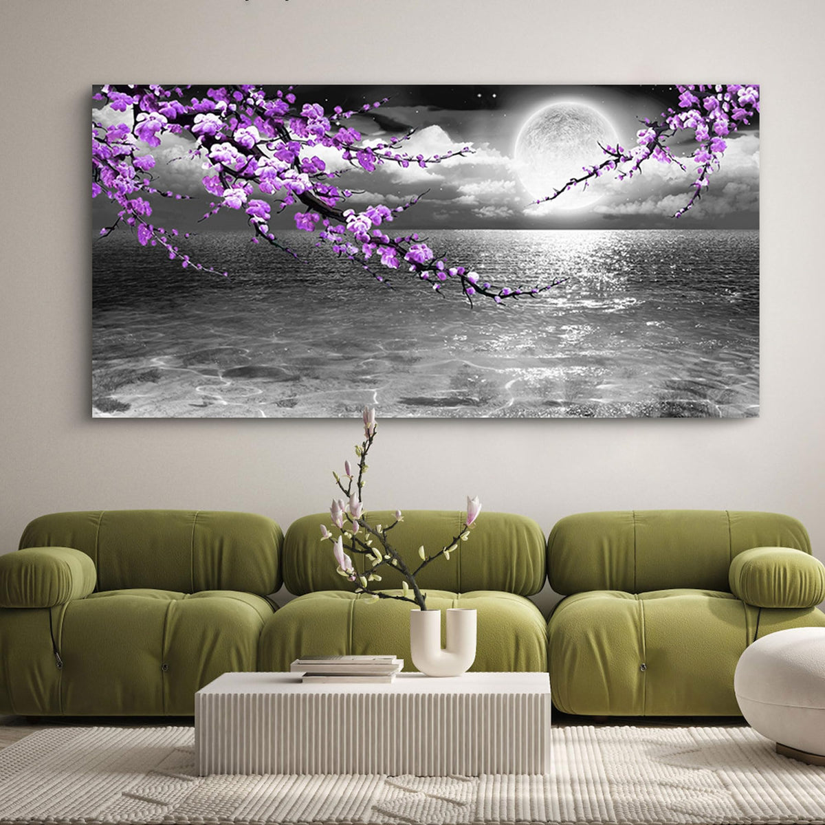 Large Purple Wall Art Decor for Living Room Bedroom Framed Black and White Seascape Full Moon Purple Flower Painting Canvas Picture Modern Hand-Painted Plum Blossom Artwork for Home Office 24x48