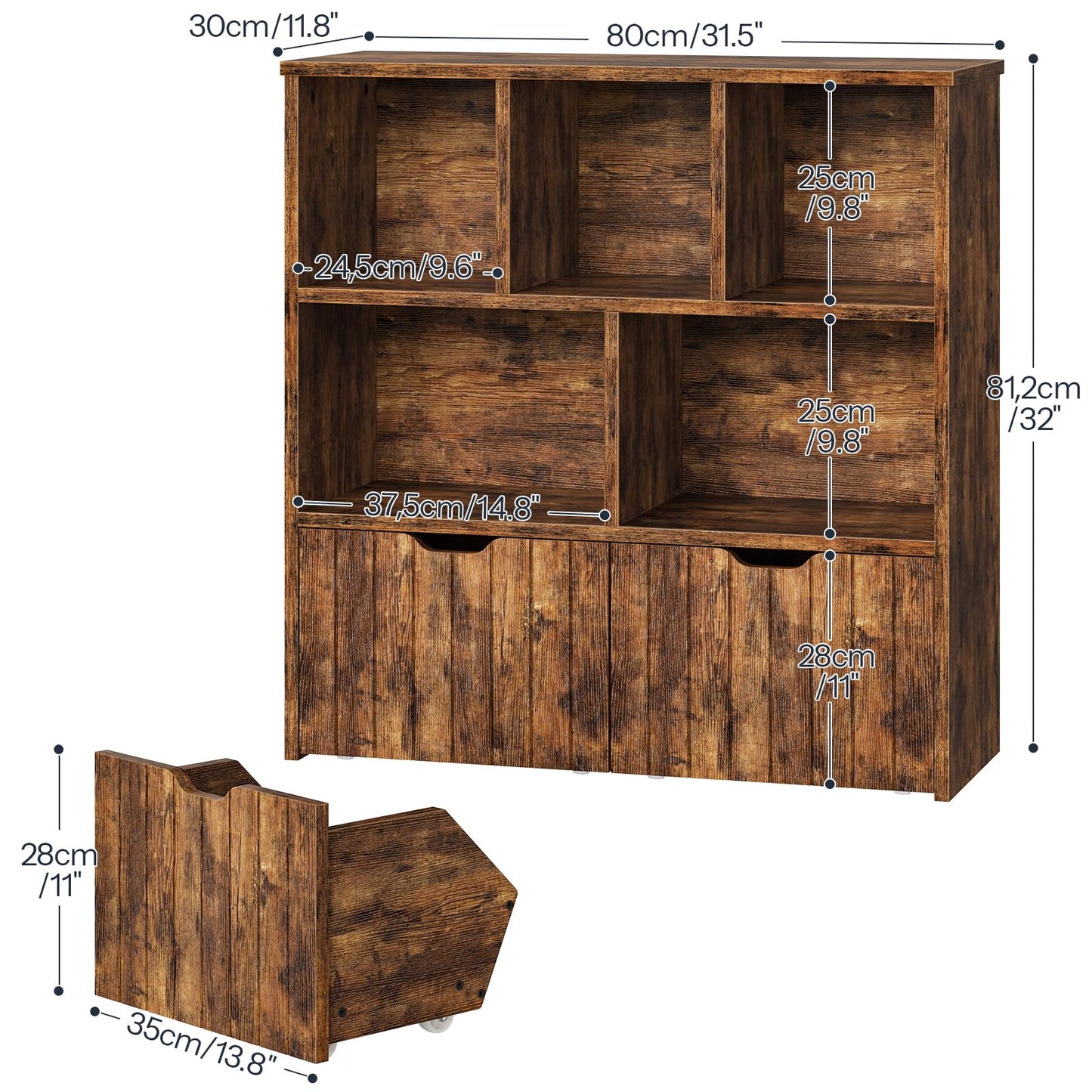 HOOBRO Toy Storage Organizer, Toy Organizers and Storage with 2 Movable Drawers and 5 Cubbies, Toy Chest Shelf for Books or Dolls, Kids Bookshelf and Toy Storage for Playroom, Rustic Brown BF88CW01
