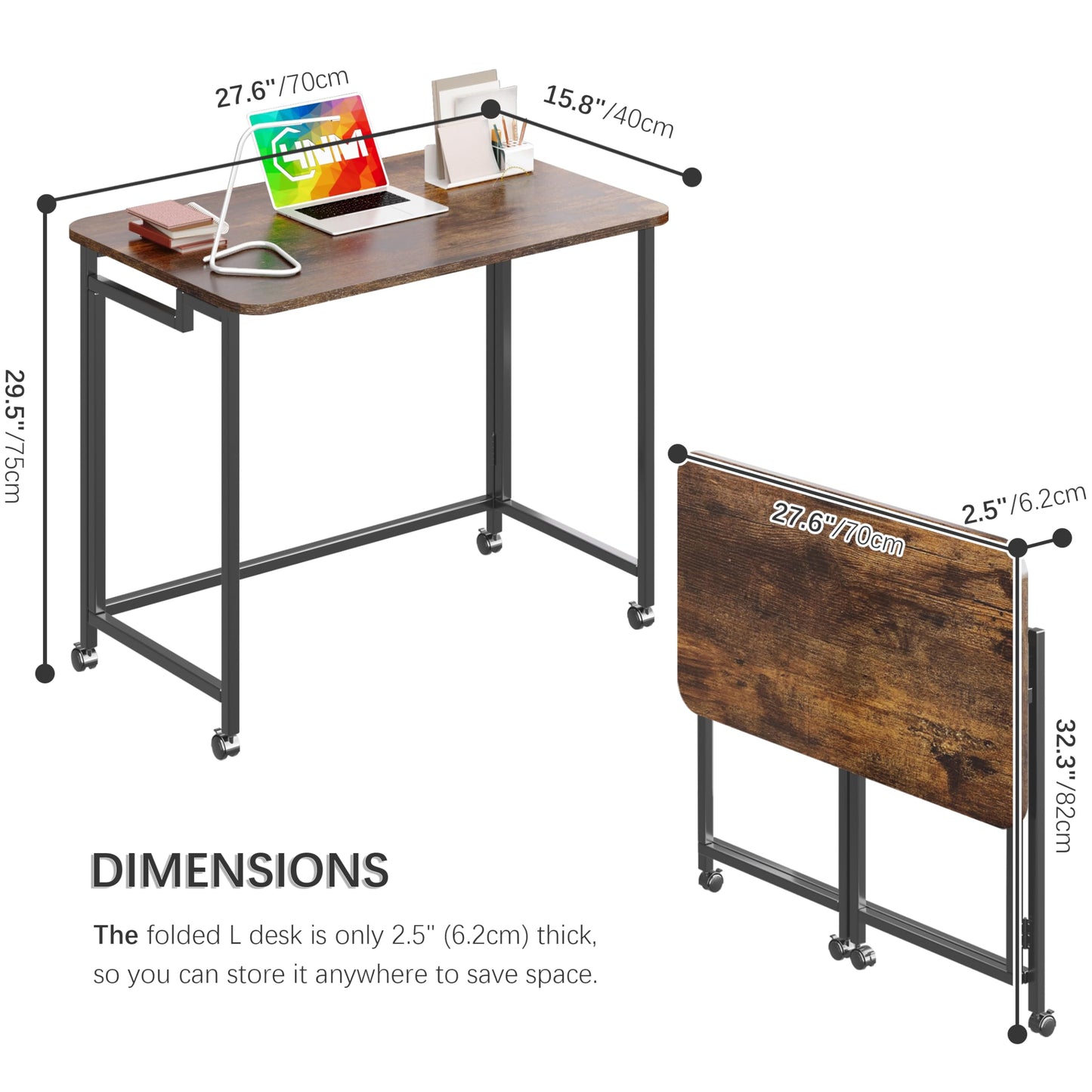 4NM 27.5" Mobile Small Rolling Computer Desk, Folding Laptop Cart Table with Wheels, Portable Office Desk for Small Space Couch Bed - Rustic Brown and Black