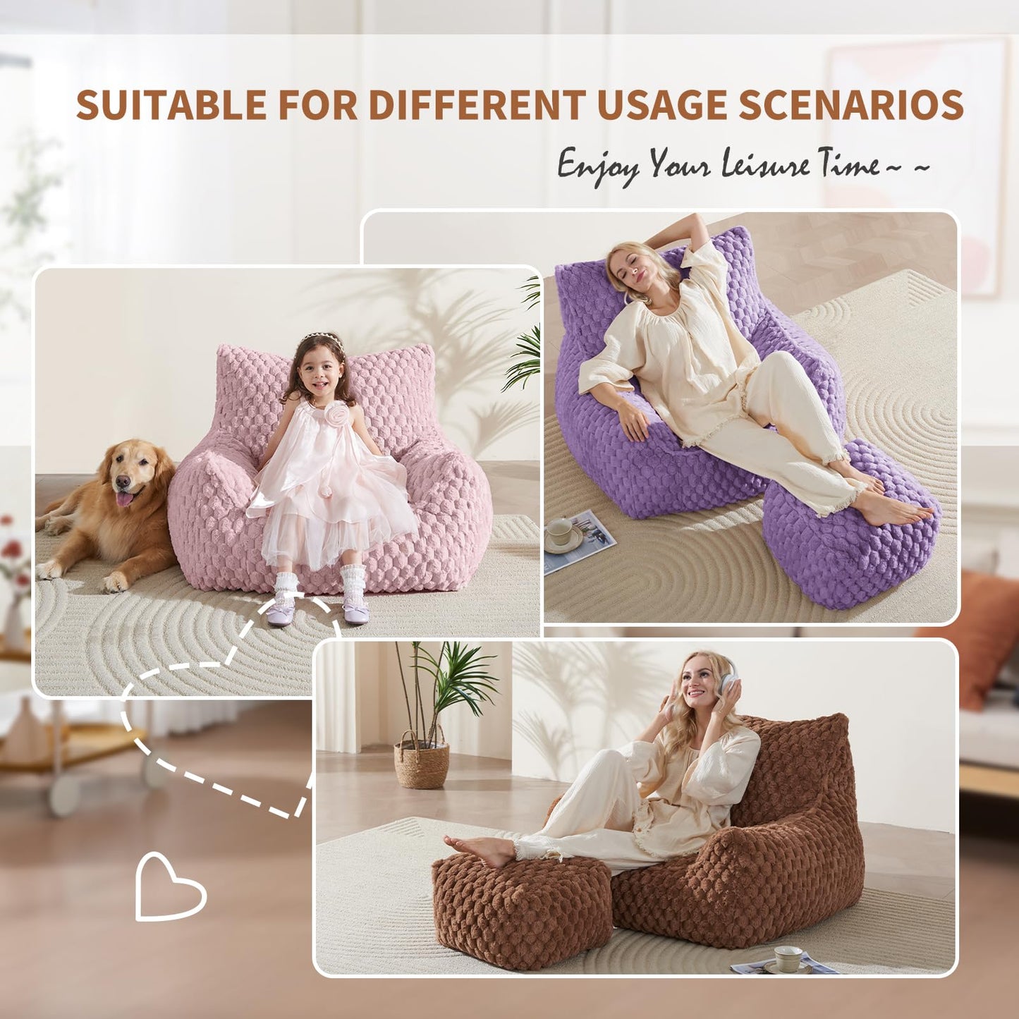 Bean Bag Chair with Ottoman - Modern Comfy Beanbag Sofa with Footrest, Soft Faux Fur Lounger Chair for Adults Teens, Cozy Memory Foam Filled Gaming Reading Chairs for Bedroom, Living Room (Brown)