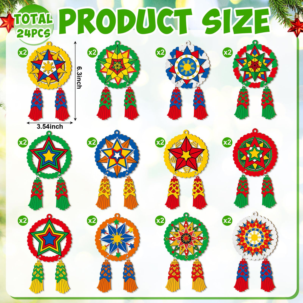 24 Pcs Christmas Parol Lantern Filipino Wooden Philippine Christmas Ornaments for Tree Decorations Hanging Ornaments Traditional Capiz Star Pendant Sign for Xmas Gift Home Window Holiday Decor Navidad