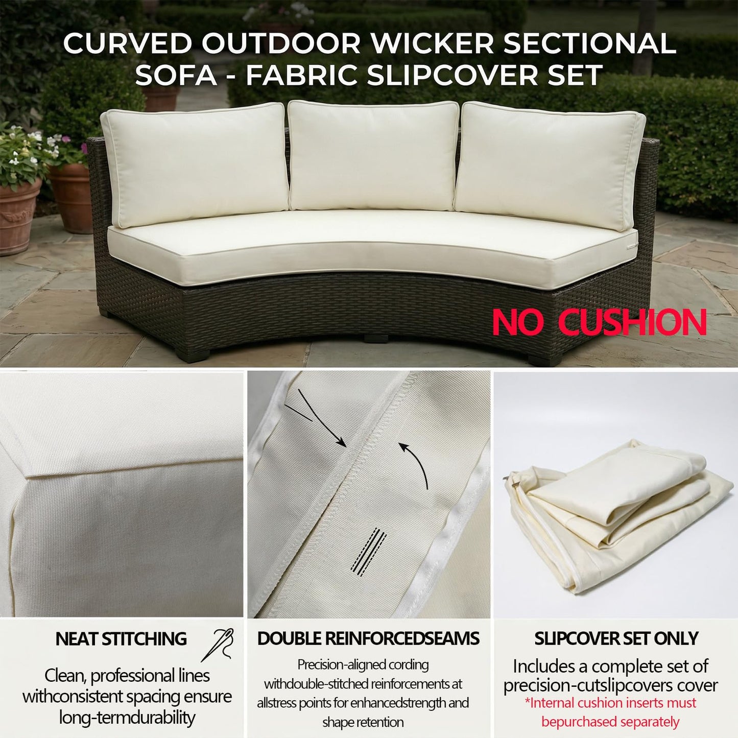 TQ369SM Outdoor Curved Sofa Cushion Couch Cover with Zipper 4-Piece Patio Half-Moon Sectional Replacement Cover Breathable Customizable（No fillers） (Dark Gray, L)