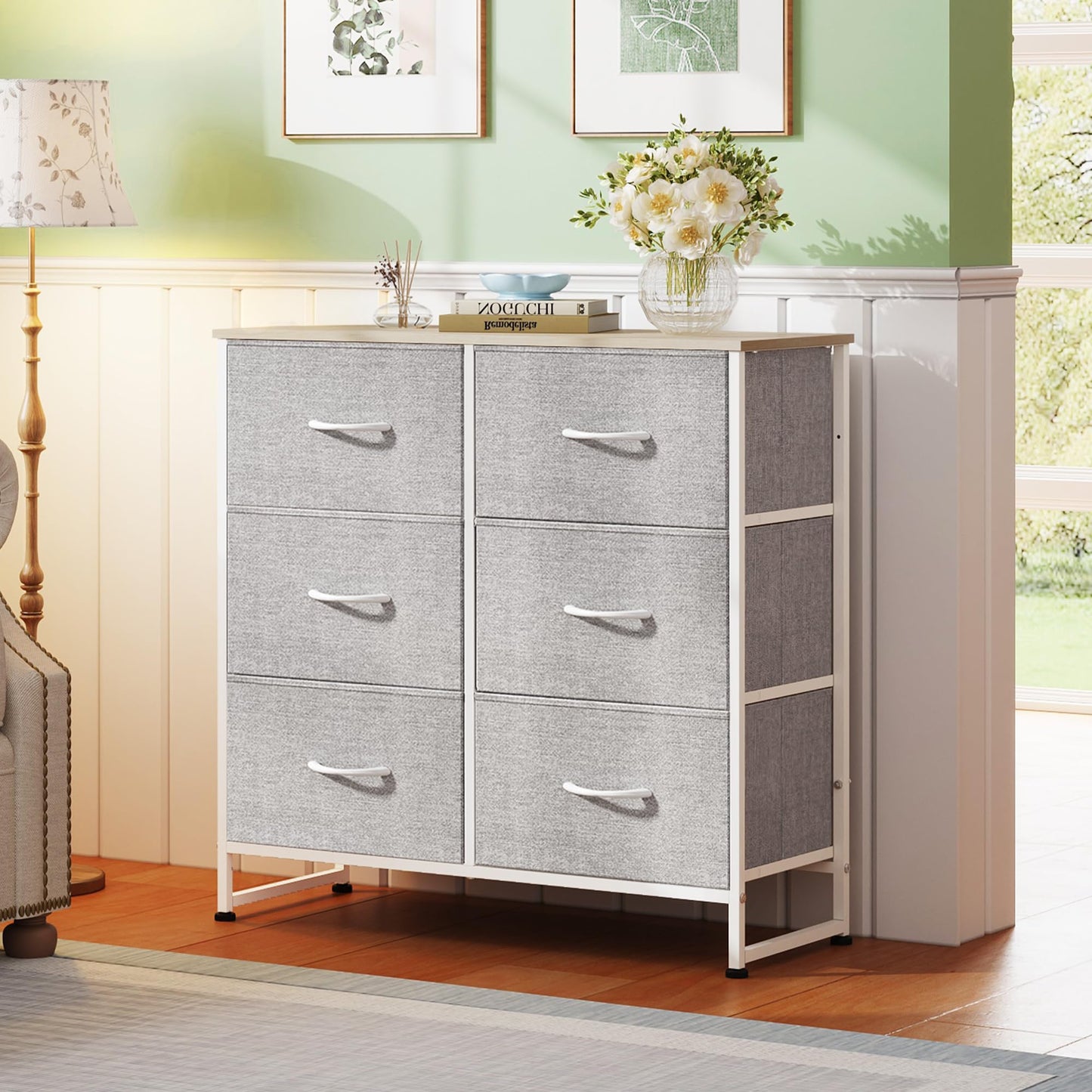 WLIVE Fabric Dresser for Bedroom, 6 Drawer Double Dresser, Closet Dresser with Fabric Bins, Chest of Drawers for Closet, Living Room, Hallway, Light Grey