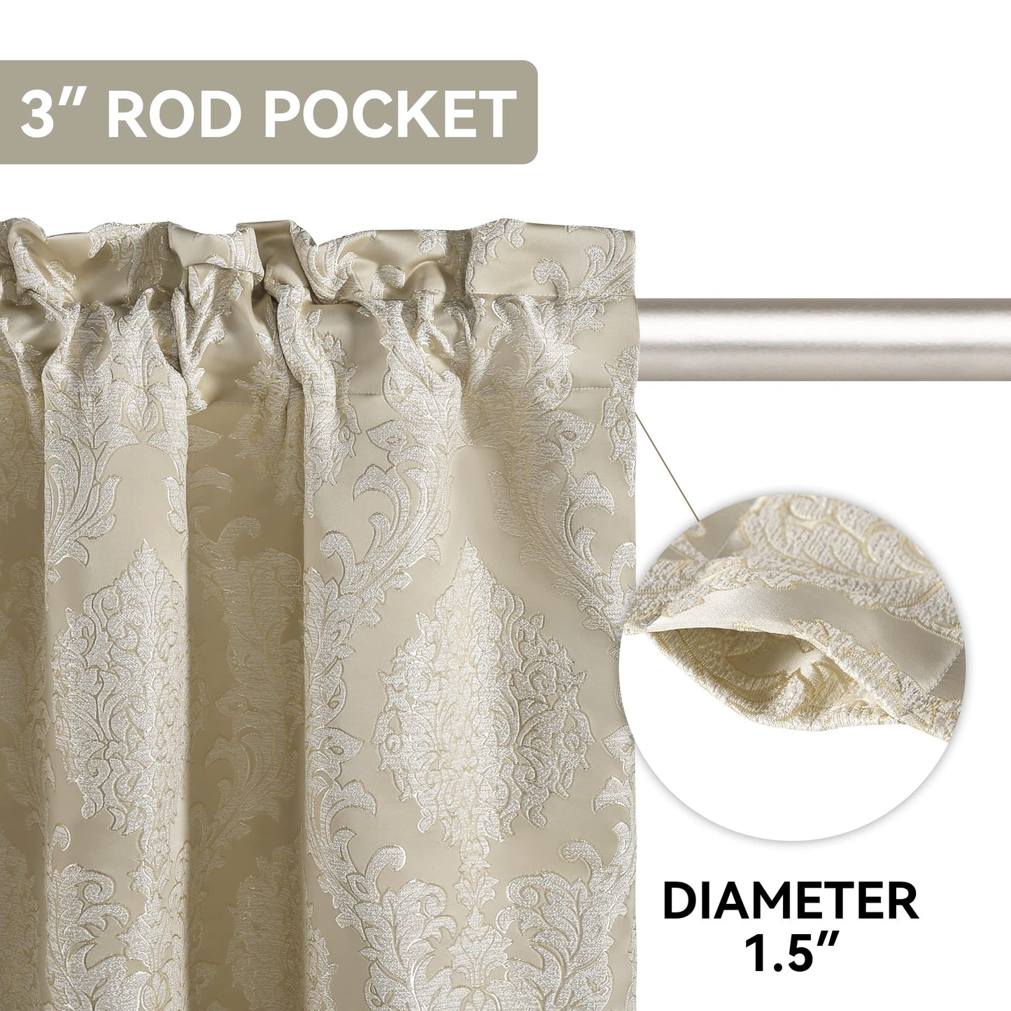 Loom and Mill Luxury Jacquard Curtains for Bedroom, Beige Damask Curtains 2 Panels with Tiebacks, Elegant Window Curtain for Living Room Holiday Banquet Decor(52”Wx 84”L, 2 Panels)