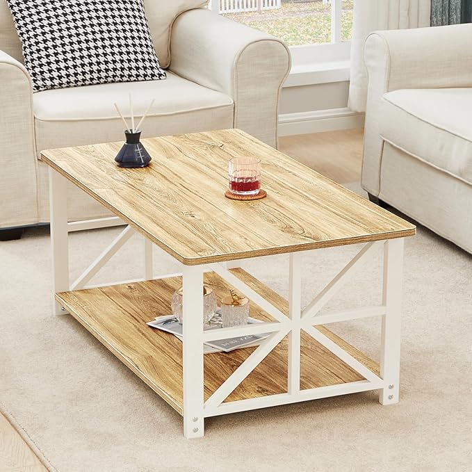GreenForest Coffee Table with Round Corner, Farmhouse Center Table with 2-Tier