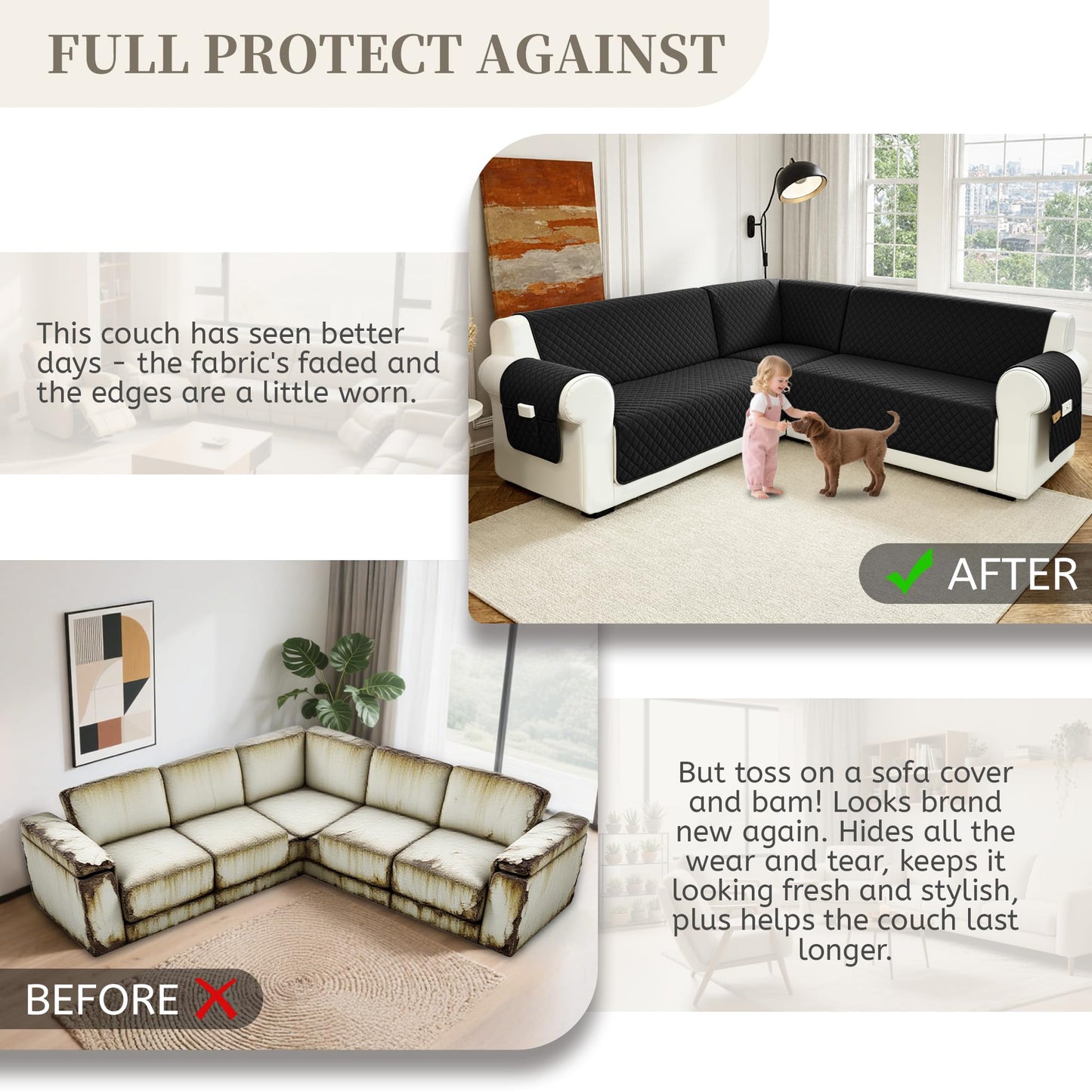 SYJOVIA Sectional Couch Covers for Dogs 100% Waterproof Corner L Shaped Sofa Cover Pet Friendly Velvet Washable Anti Slip L Shape Modular Sofa Slipcover Protector with Pockets (Black, XX-Large)