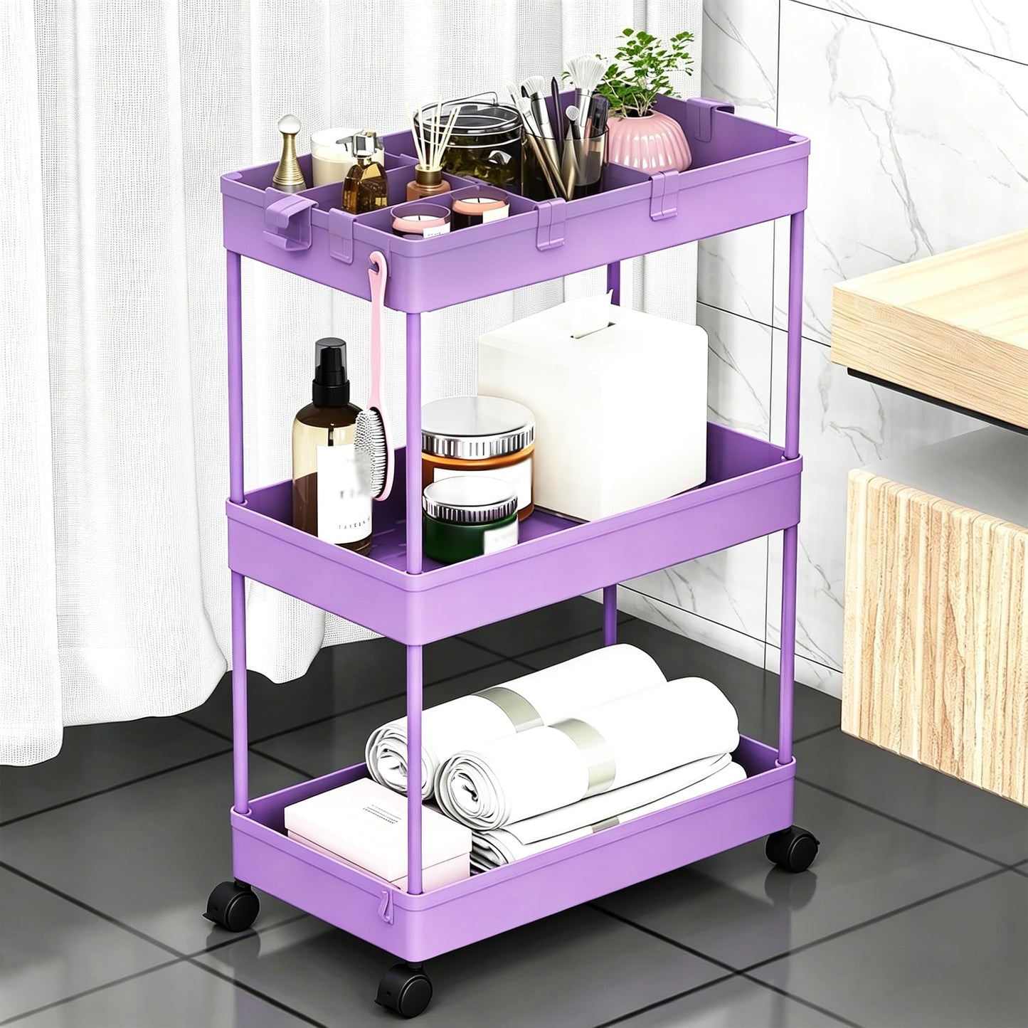 SPACELEAD Slim Storage Cart 3 Tier,Bathroom Organizer Rolling Utility,Mobile Shelving Unit Slide Out for Office, Kitchen, Laundry Room & Narrow Places,Purple