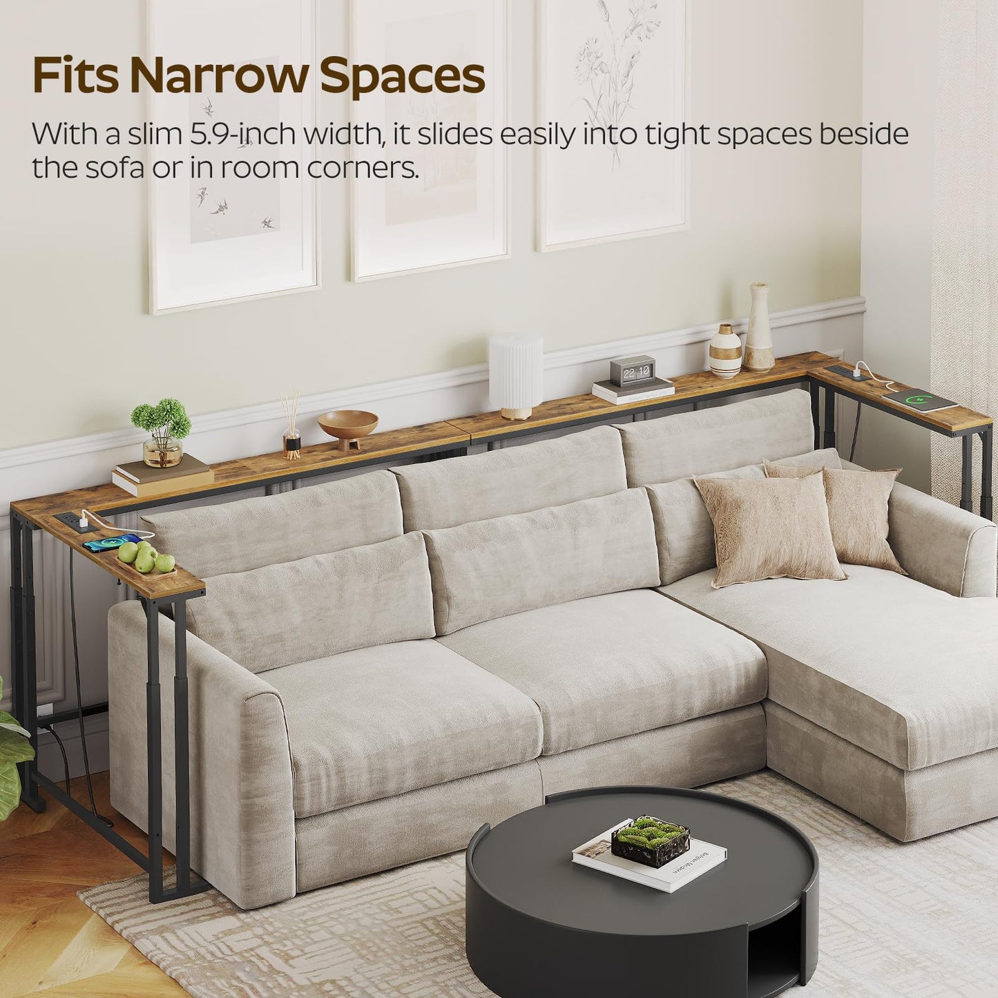 YATINEY 78.7" Narrow Console Table with Adjustable Height (27.6"-35.4"), L Shaped Sofa Table Narrow Long, Skinny Behind Couch Table with USB-C Ports, 5.9" Wide Sofa Side Table, Rustic Brown CT29UBR