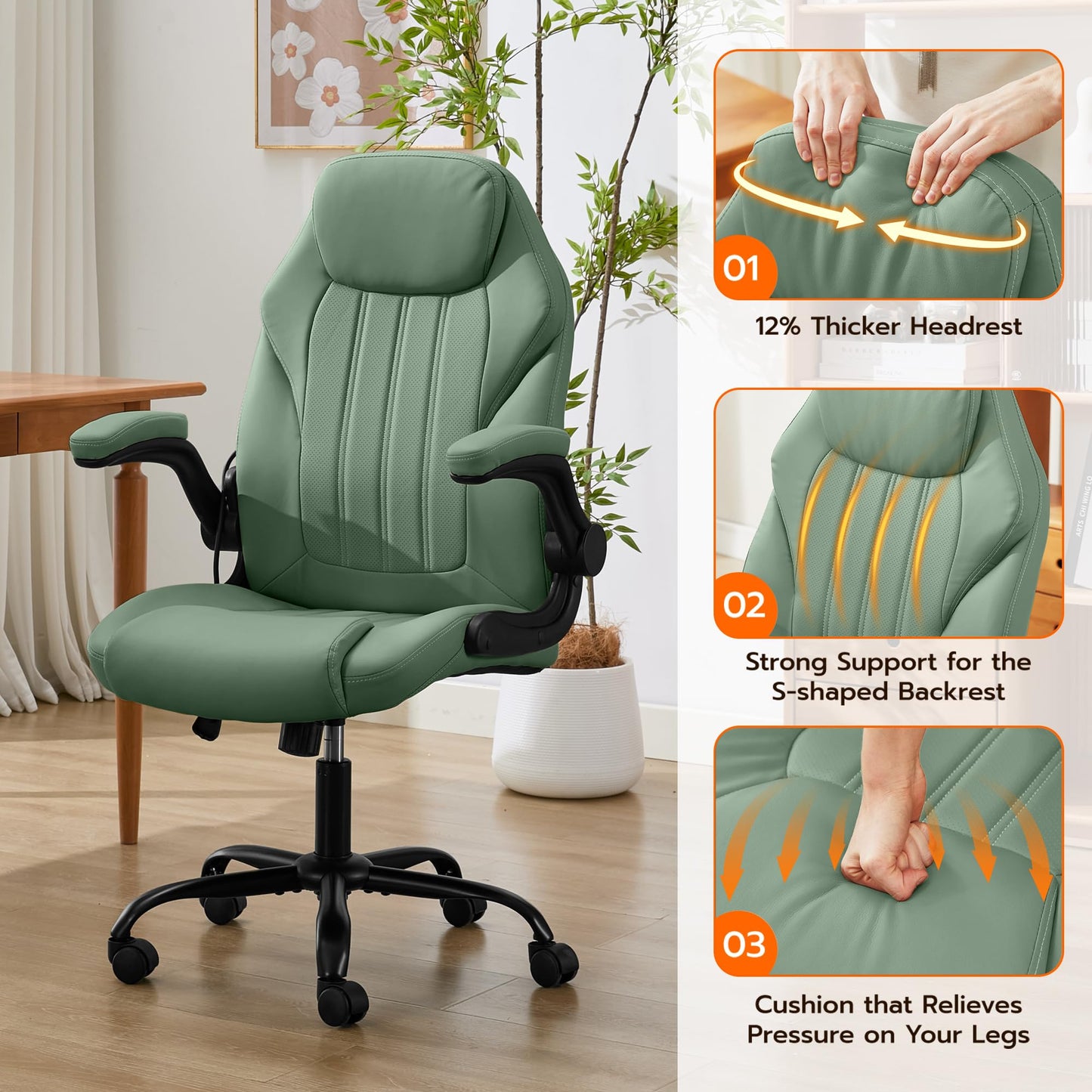 Ylzyxal Office Desk Chair, Ergonomic Computer Chair with Padded Flip-Up Arms and Adjustable Lumbar Support, PU Leather Executive Chair with Tilt Lock and 360° Swivel Rolling Wheels for Work, Study