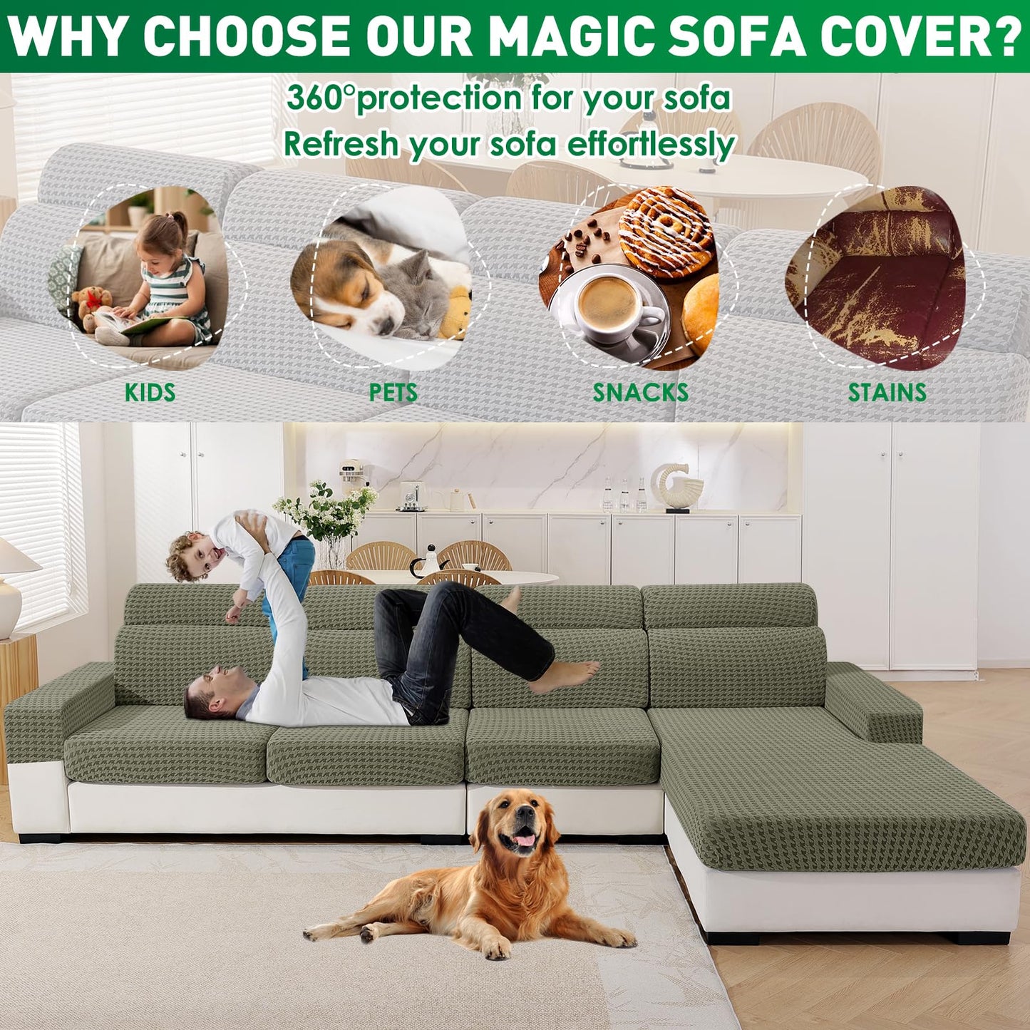 MAXIJIN Couch Cushion Covers for Sectional Sofa, Stretch Sofa Cushion Cover Washable Furniture Protector with Elastic Bottom & Non-Slip Strap for Pets Kids (2PC Armrest Cover, Army Green)