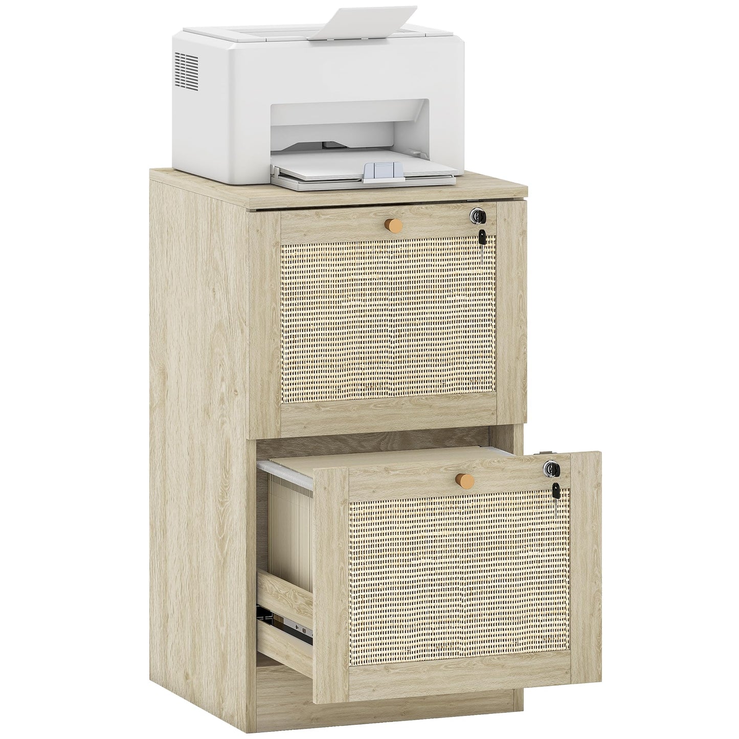 HOMCOM 2 Drawer File Cabinet with Lock, Boho Vertical Filing Cabinet for A4 Letter Size Files, Printer Stand with Decorative Rattan Accents for Home Office, Oak