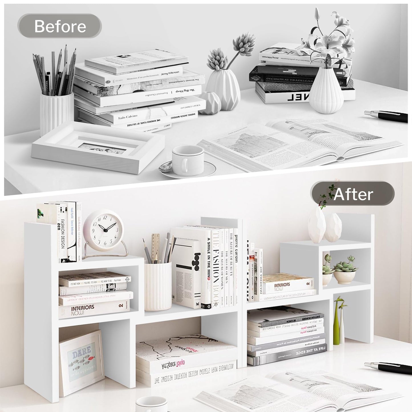 Jerry & Maggie - Desktop Organizer Office Storage Rack Adjustable Wood Display Shelf | Birthday Gifts - Toy - Home Decor | - Free Style Rotation Display - True Natural Stand Shelf (White)