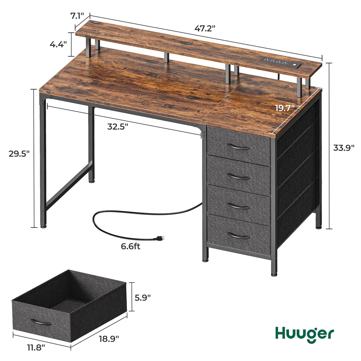 Huuger 47 Inch Computer Desk with Power Outlets and LED Lights, Gaming Desk with 4 Drawers, Office Desk with Monitor Stand, Study Work for Home Office, Small Spaces, Rustic Brown