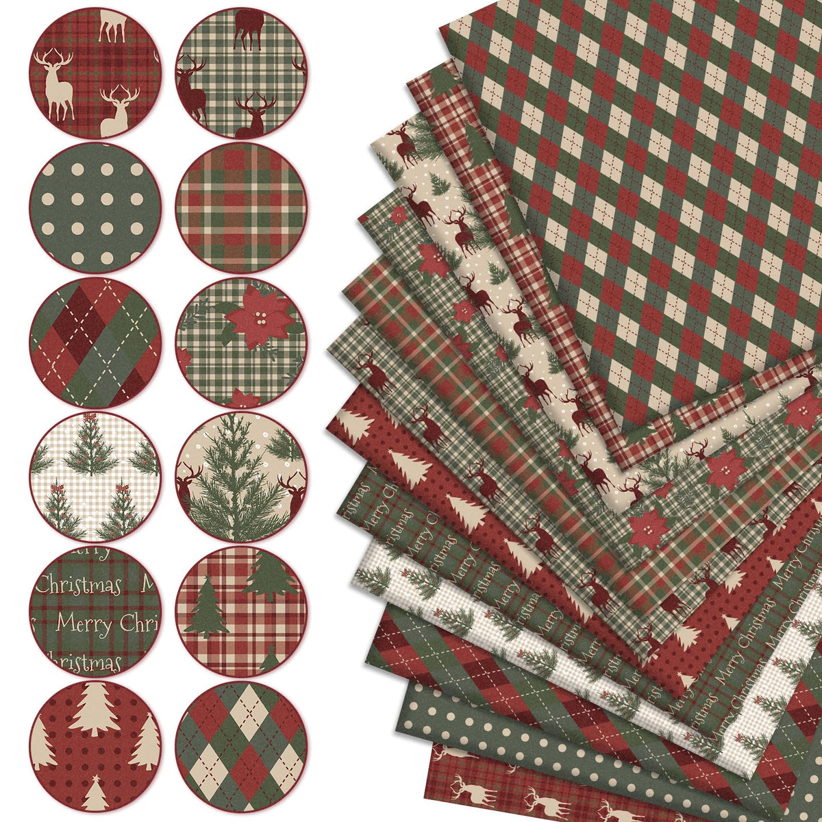 Whaline 12Pcs Cotton Fabric Bundles Woodland Poinsettia Reindeer Tree Printed Fat Quarters Plaid Xmas Sewing Fabrics for Christmas DIY Handmade Crafting, 18 x 22 Inch