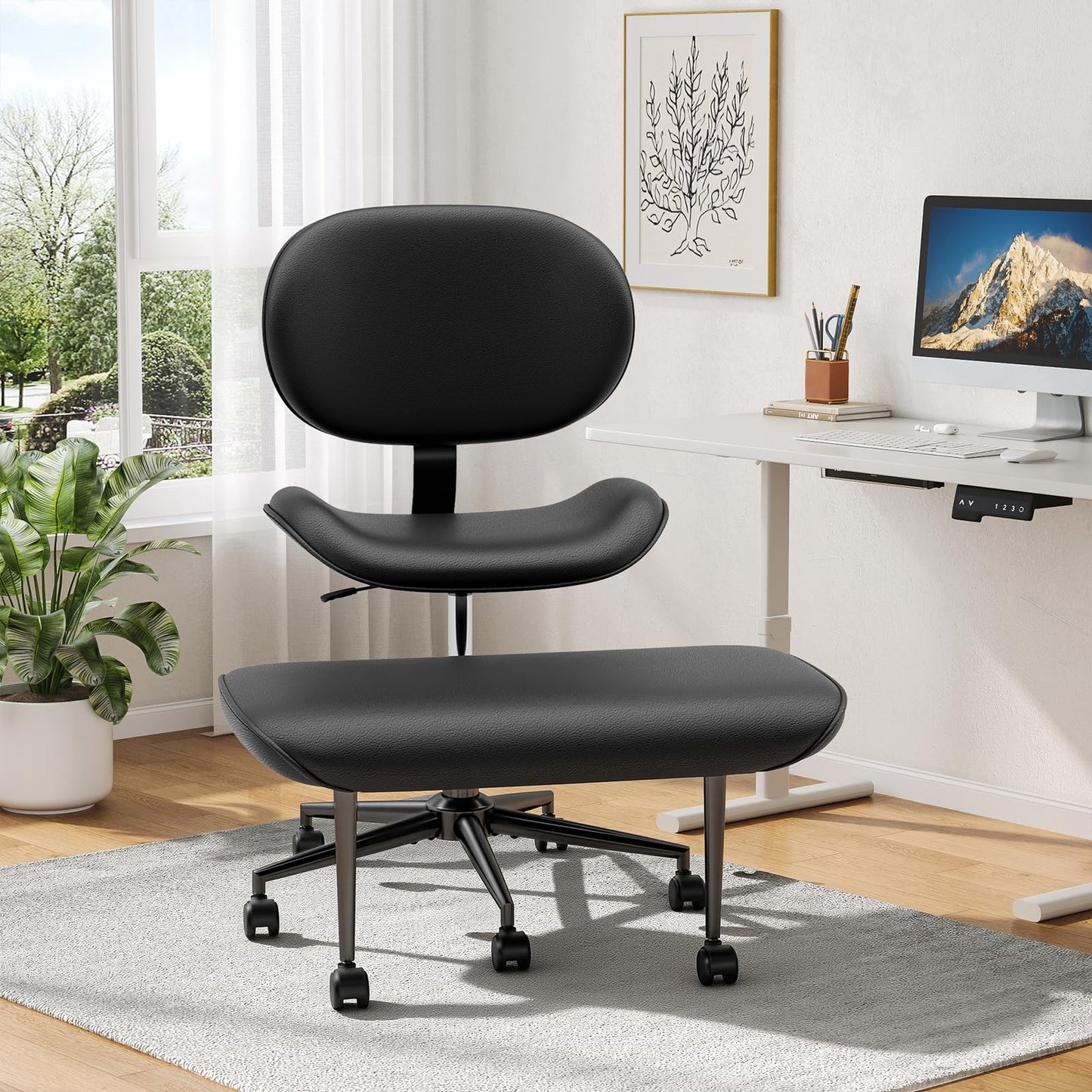 Cross Legged Office Chair with Wheels for ADHD, Ergonomic 360° Swivel Height-Adjustable Meditation Chair for Yoga, Wide Kneeling Chair with Strong Lumbar Support, PU Leather, Black