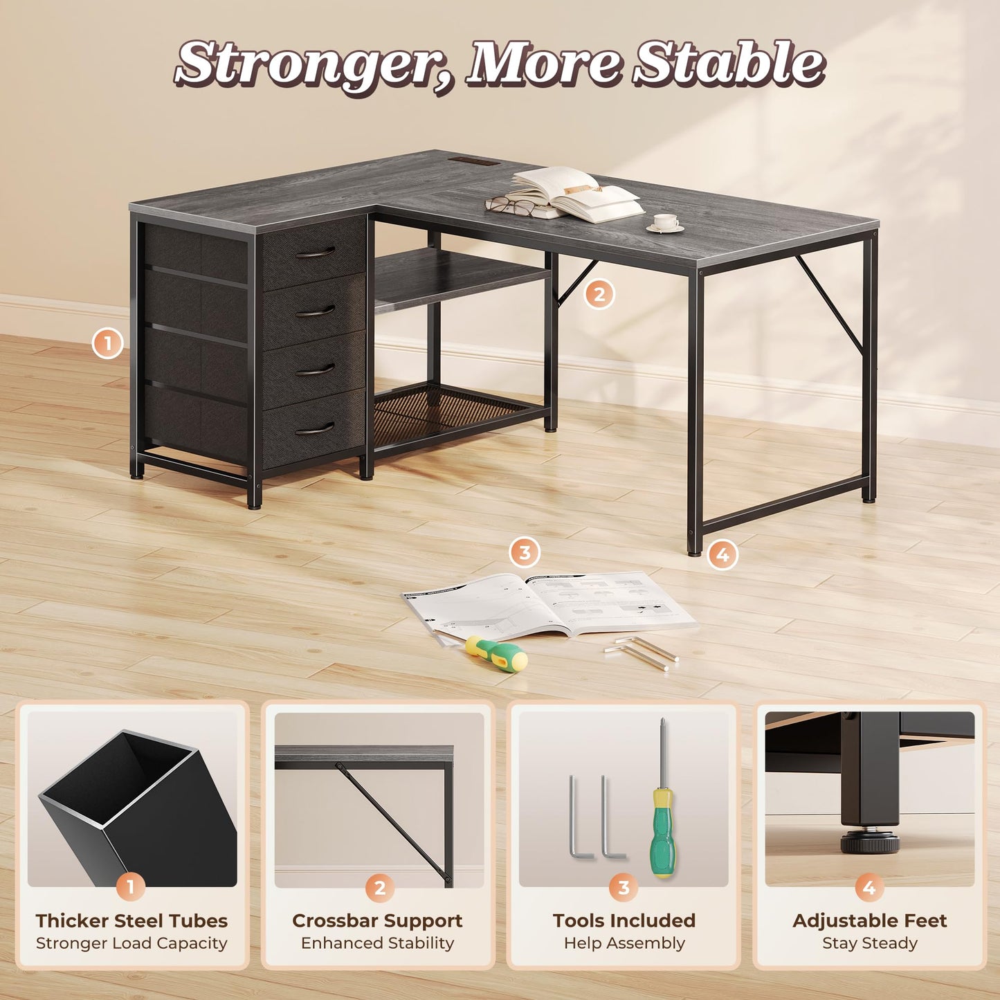PRAISUN 43.3" Small Computer Desk with Power Outlets and USB-C Port, Reversible L Shaped Corner Office Desk with 4 Fabric Drawers and 2 Height-Adjustable Shelves, for Gaming Writing, Grey