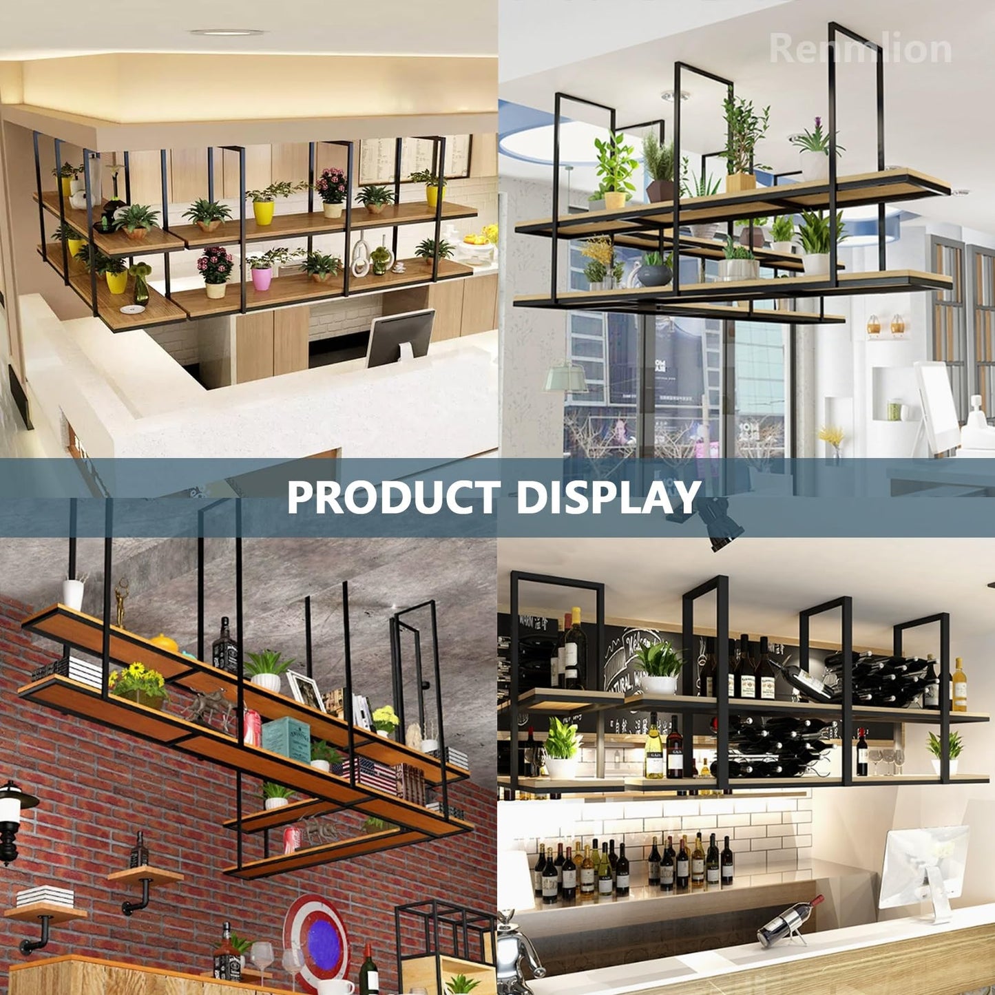 TELAIUS Ceiling Hanging Wine Rack, 2 Tiers Floating Shelves Wooden Decorations Display Rack Metal Plant Flower Pot Stand Wall Mounted Storage Shelving for Bar Cafe Kitchen(80x30x80cm)
