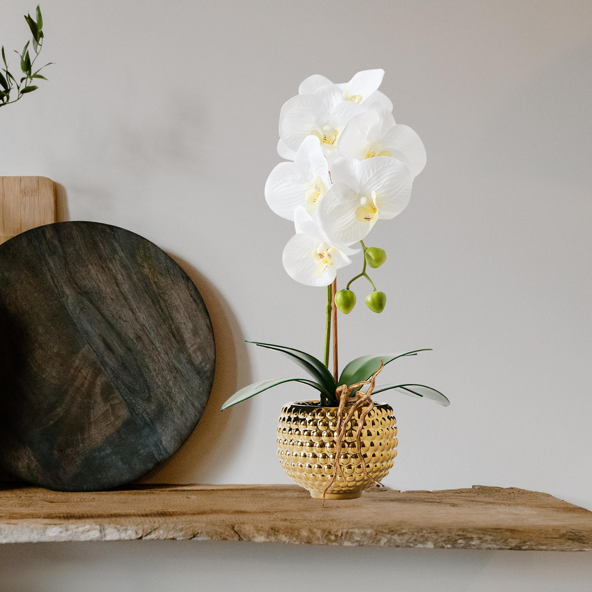 Hisow Orchids Artificial Flowers, 15" Faux Orchid in Gold Flower Pot Real Touch Flowers in Pot Large Flower Arrangements Artificial Centerpiece for Home Living Room Bathroom Kitchen Decoration (White)