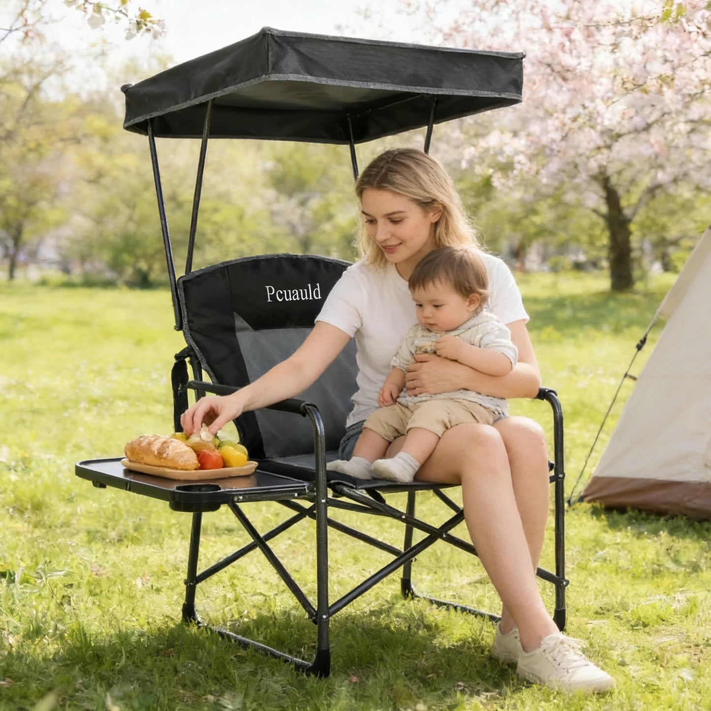 Oversized Camping Chairs with Canopy Foldable Directors Chair with Side Table & Pockets Portable Adults Heavy Duty Outdoor Folding Chairs for Lawn, Beach, Picnic, Sports and Fishing, Supports 500lbs