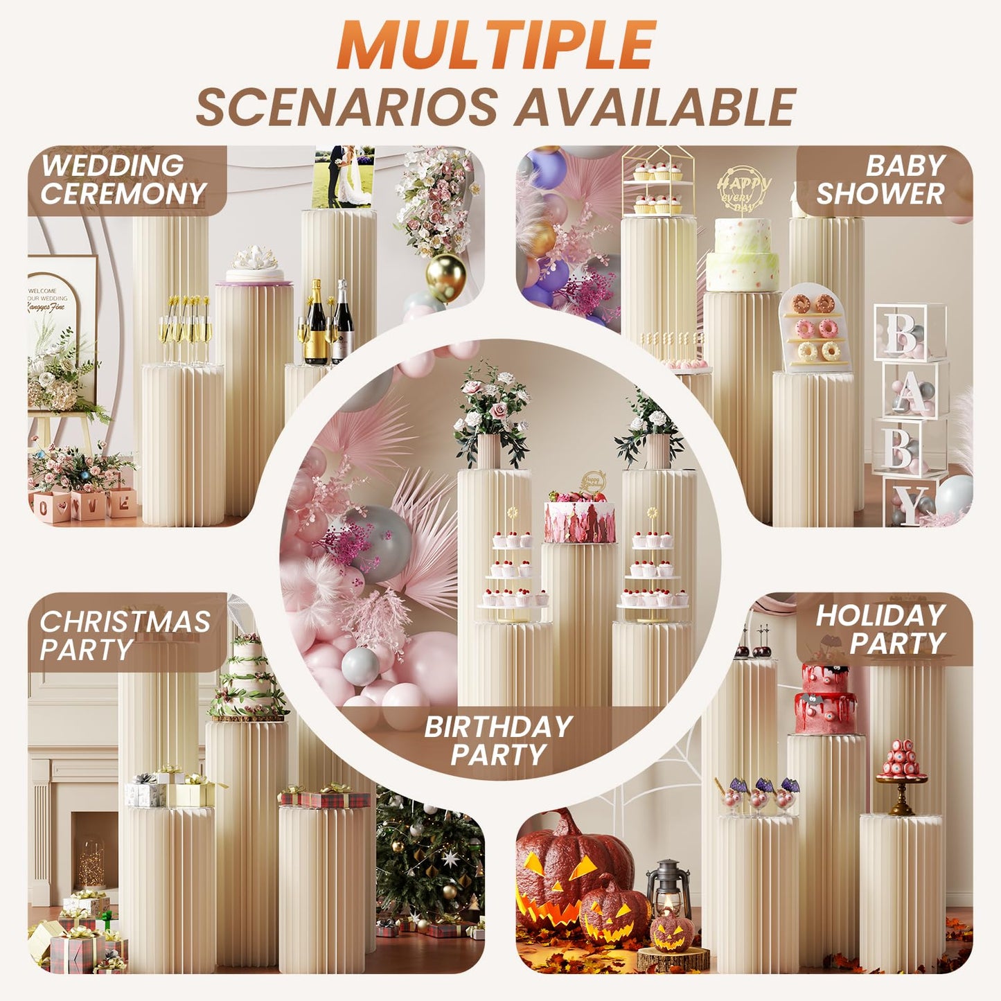 5 Pack Portable White Cylinder Stands for Party, 31.5", 23.6", 15.7" Height Foldable Cardboard Tall Cake Pedestal Stand Flower Floral Pillar Table Stand Event Plinth, cilindros para fiestas redondos blancos for Wedding Parties