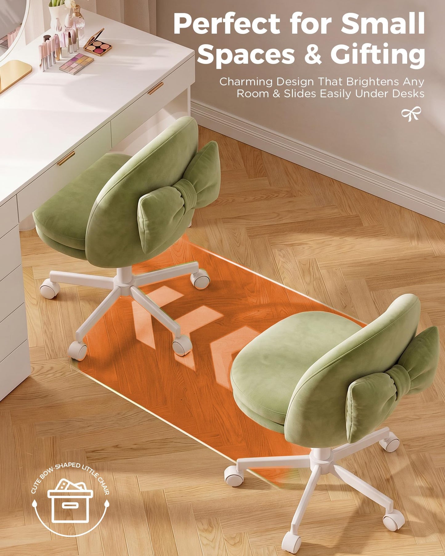 GTPLAYER Velvet Tall Office Chair with Wheels Vanity Chairs with Back, Versatile Height Use: Office to Bar Stools Small Ergonomic Comfy Armlees Computer Desk Chair with Bow Lumbar Pillow for Gift