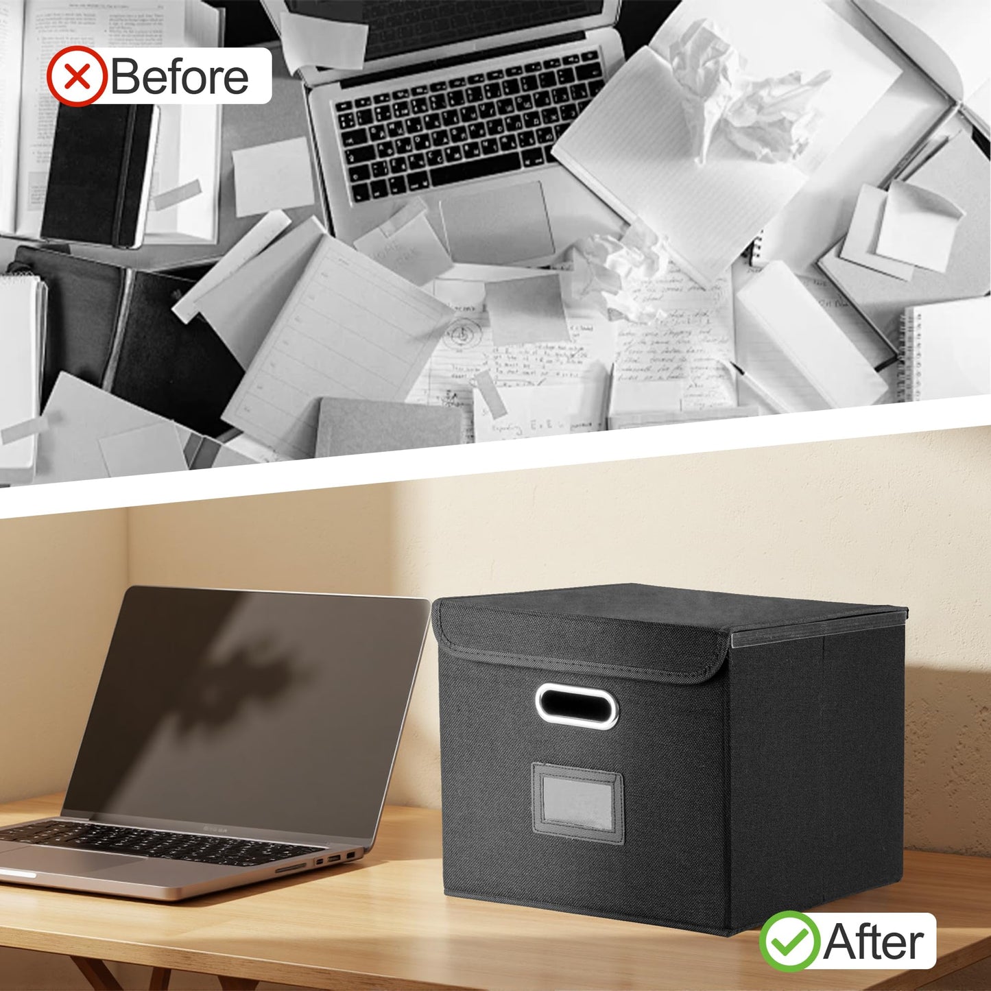 Hleelomi Collapsible File Box with Lid & Plastic Slide - Hanging Document Organizer for Office/Home, 14.96x12.6x10.83 Inch,Decorative Home File Bin,Black, 1 Pack (No Folders Included)