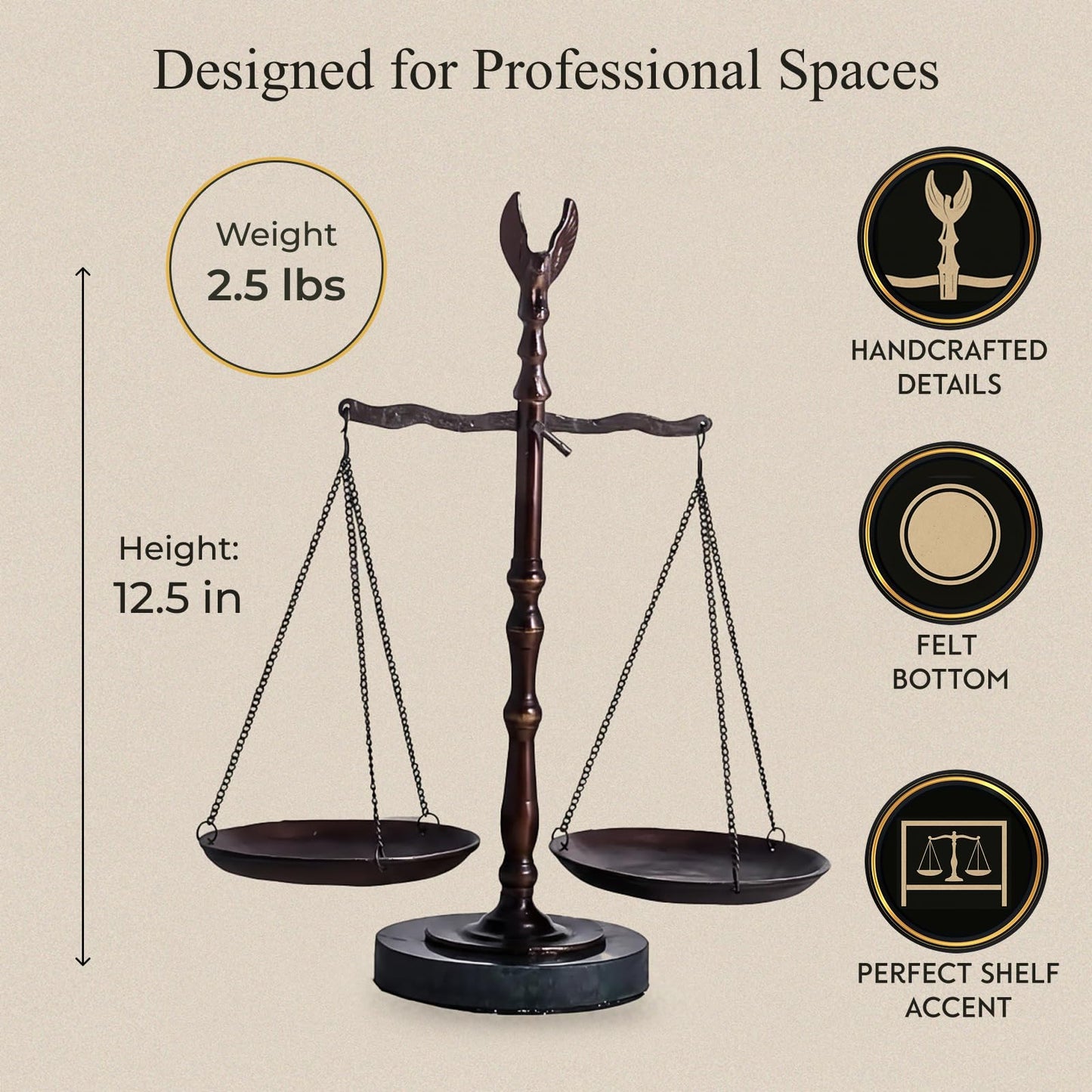 Bey-Berk “Find Your Balance” 12.5" Justice Scale, Hand-Crafted Metal Cast with Eagle Finial and Green Marble Base, Bronze-Finished Decorative Scale
