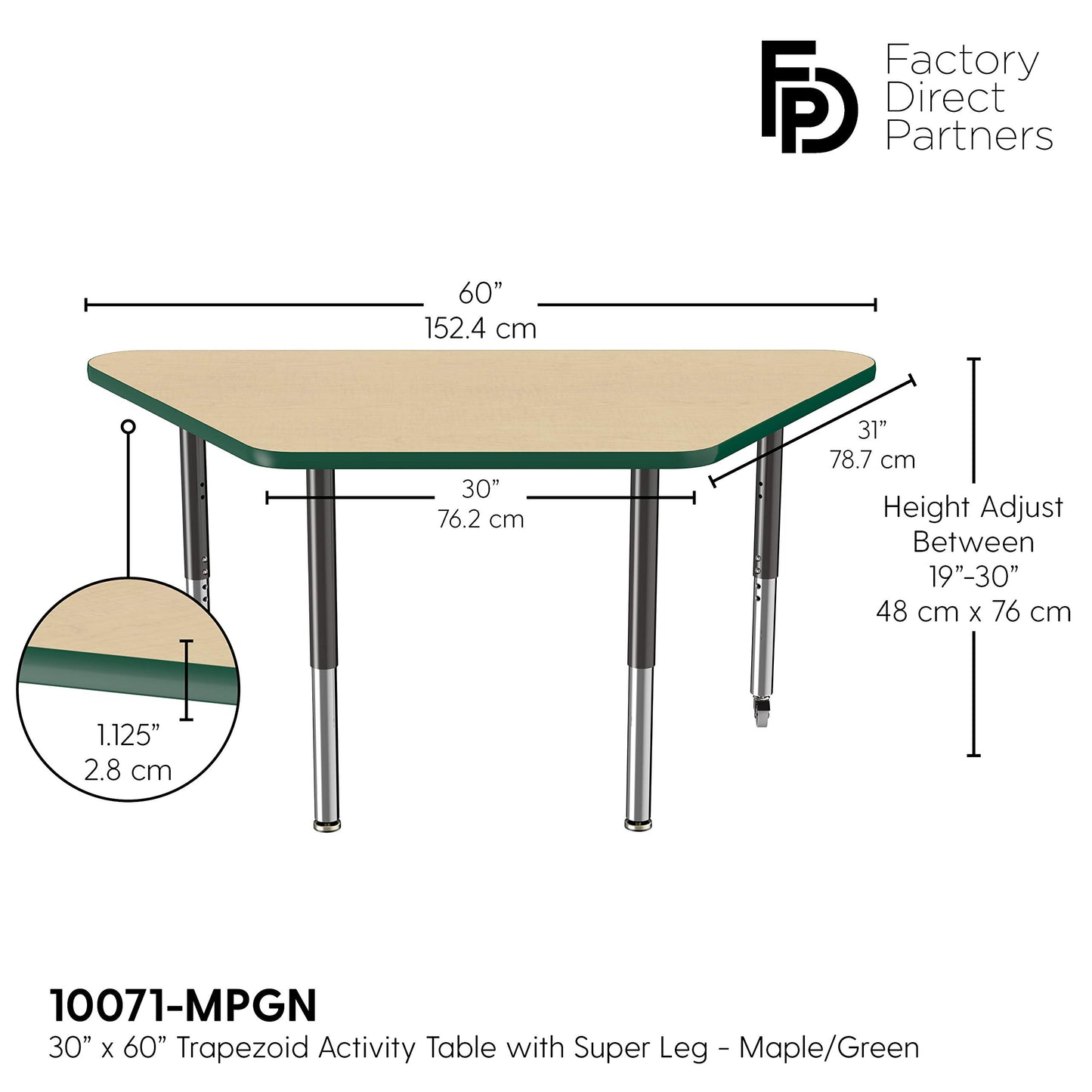 FDP Mobile Trapezoid Activity School and Office Table (30 x 60 inch), Super Legs with Glides and Casters for Collaborative Environments, Adjustable Height 19-30 inches - Maple Top and Green Edge