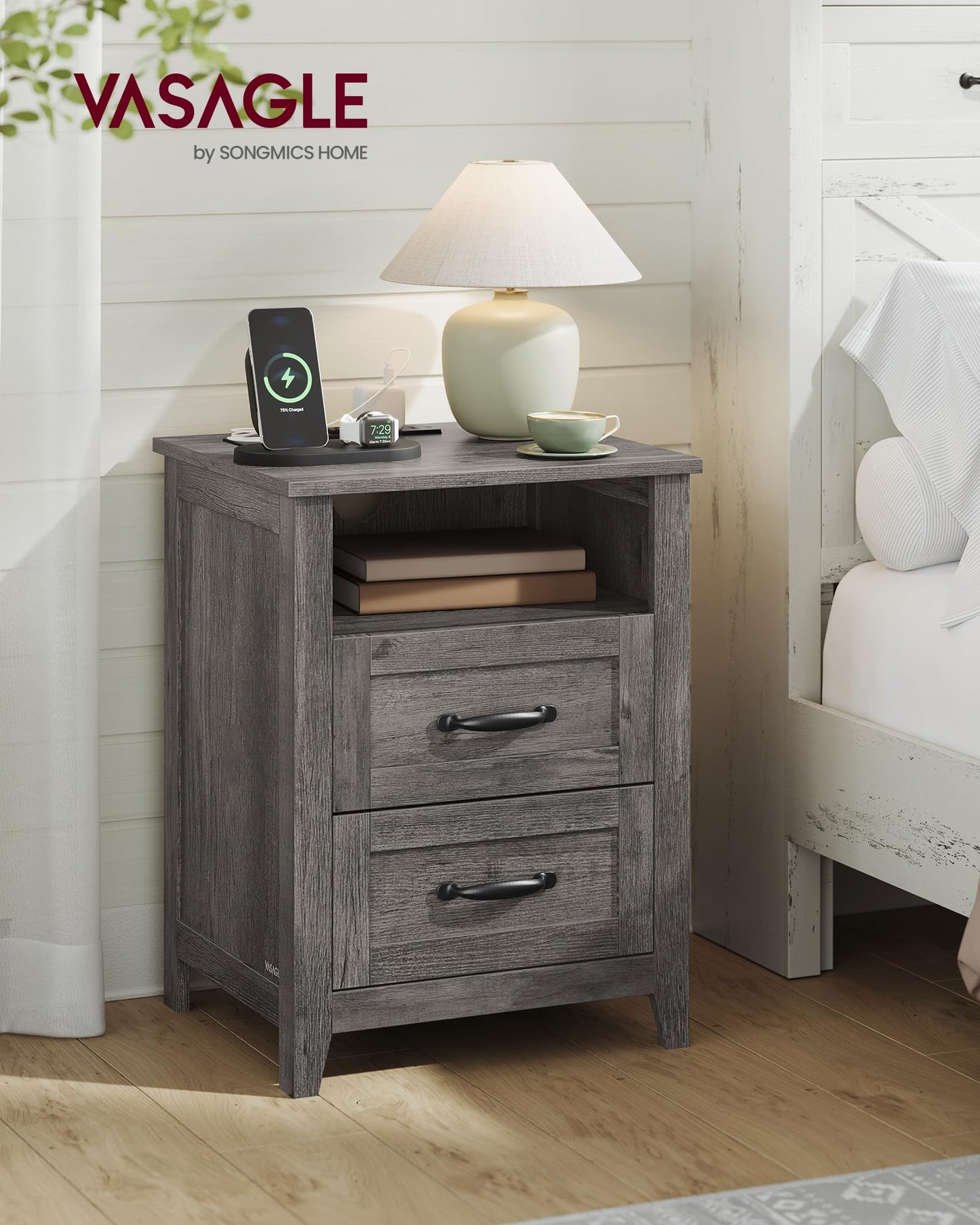 VASAGLE LIRY Collection - Farmhouse Nightstands with Charging Station, Set of 2 Bedside Tables, Side Tables with 2 Drawers, Open Compartment, for Bedroom, Misty Gray ULET869G01