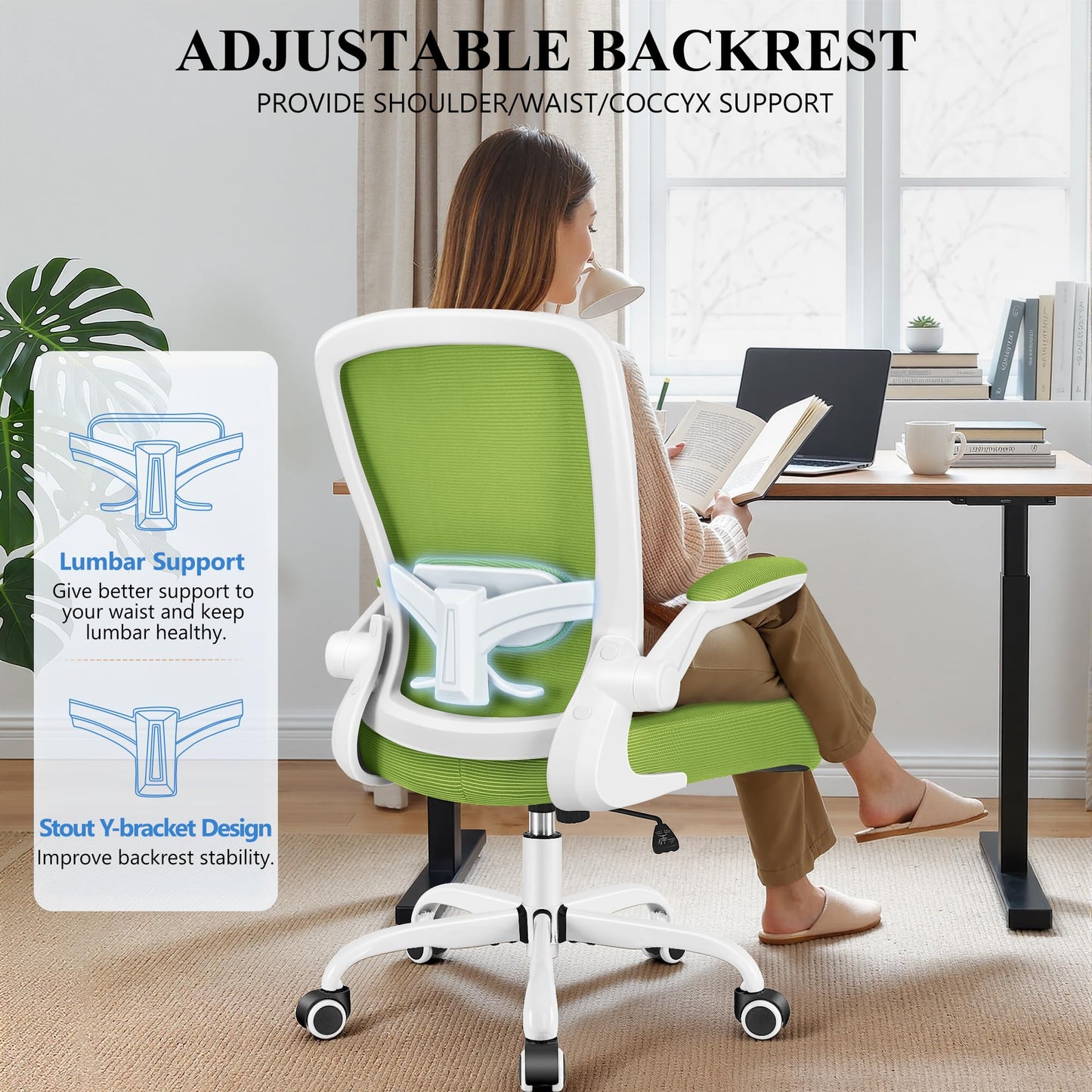 FelixKing Office Chair, Ergonomic Desk Chair Breathable Mesh Chairs Adjustable High Back Lumbar Support Flip-up Armrests, Executive Rolling Swivel Comfy Computer Chairs Home Office Green