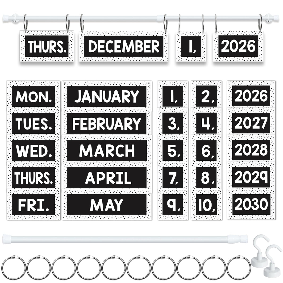 Magnetic Black and White Flip Calendar Bulletin Board Set, 60 Calendar Cards with Adjustable Magnetic Rod, Polka Dot Classroom Calendar Date Cards Set for Class Whiteboard Decor Back to School Teacher Supplies